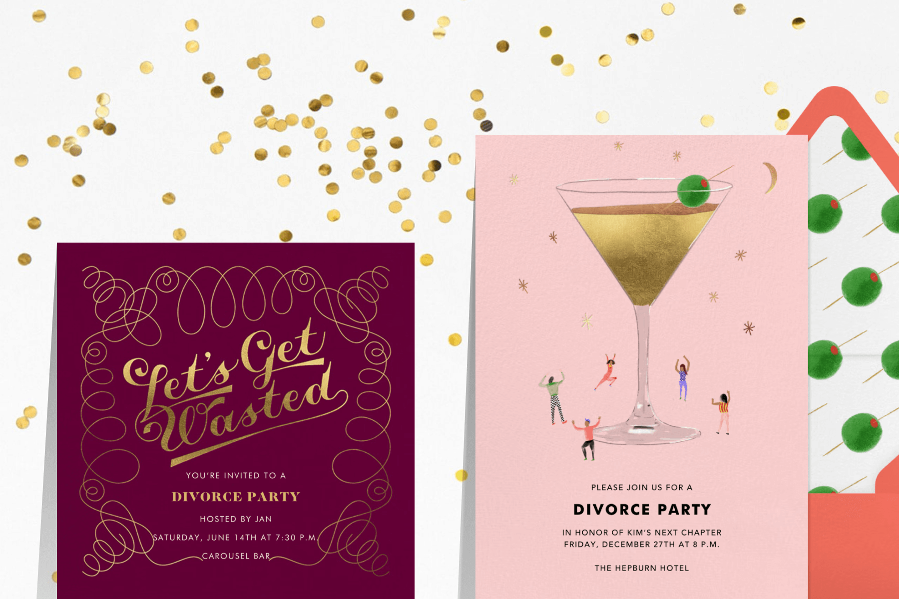 A white background with gold confetti featuring two divorce party invitations: A burgundy invitation with gold script reading ‘Let’s Get Wasted’ and an invitation with a pink background, large gold martini graphic, and mini people dancing paired with an orange envelope and olive patterned envelope liner.