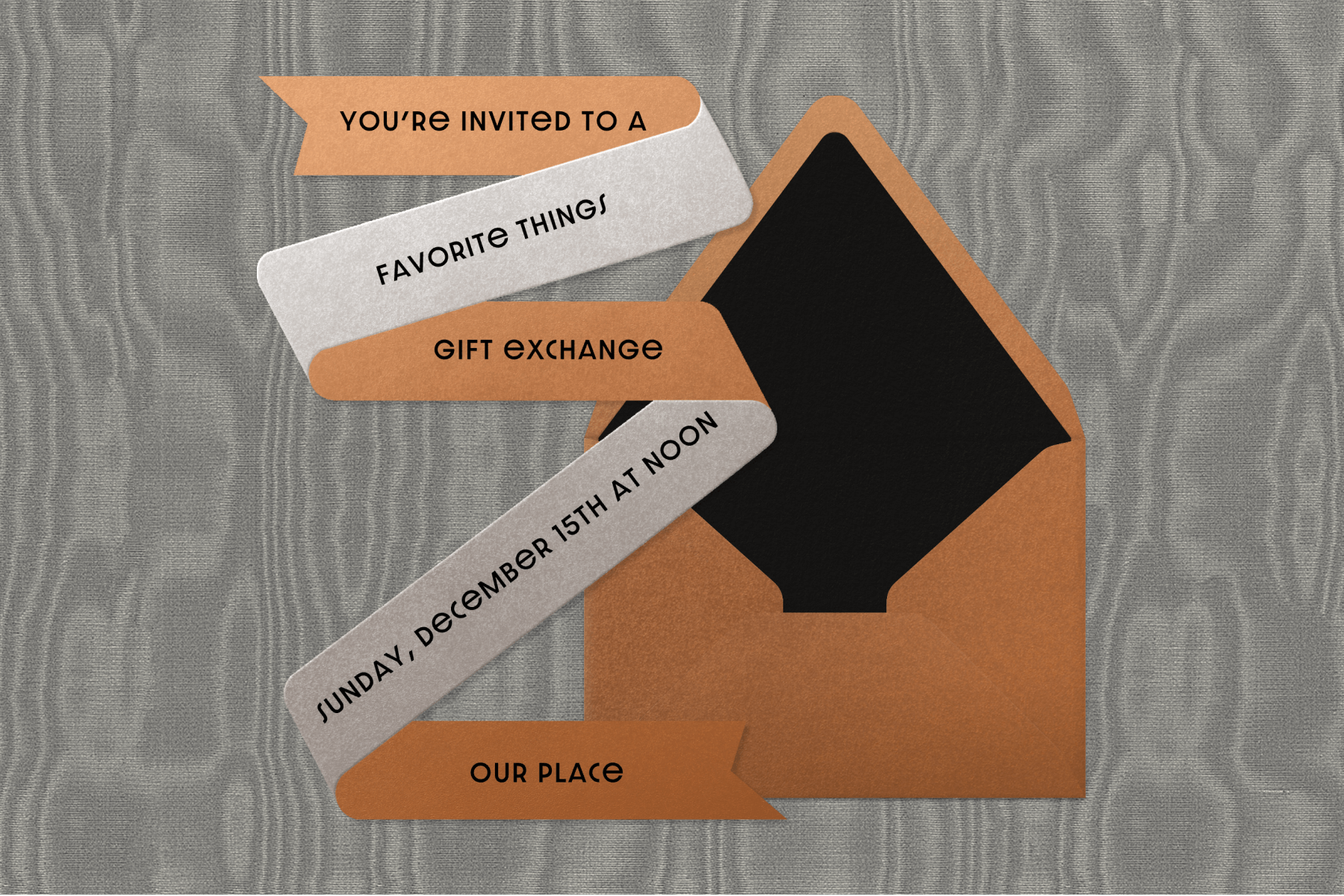 An orange and gray invitation shaped like a ribbon inviting recipients to a favorite things gift exchange, atop an orange envelope with black lining and set against a gray moire backdrop.