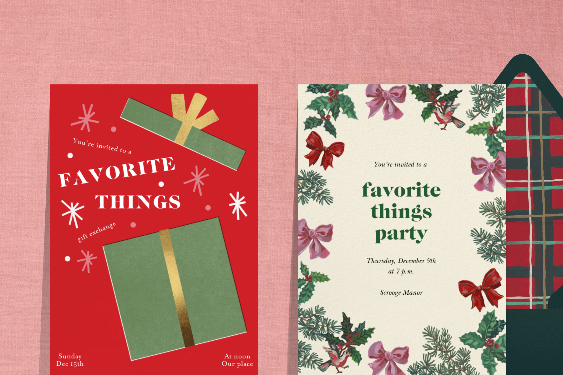 Two favorite things party invitations on a textured pink background: The first with a red background and green present illustration, the second with red and pink bows and greenery paired with a green envelope and red plaid envelope liner. 