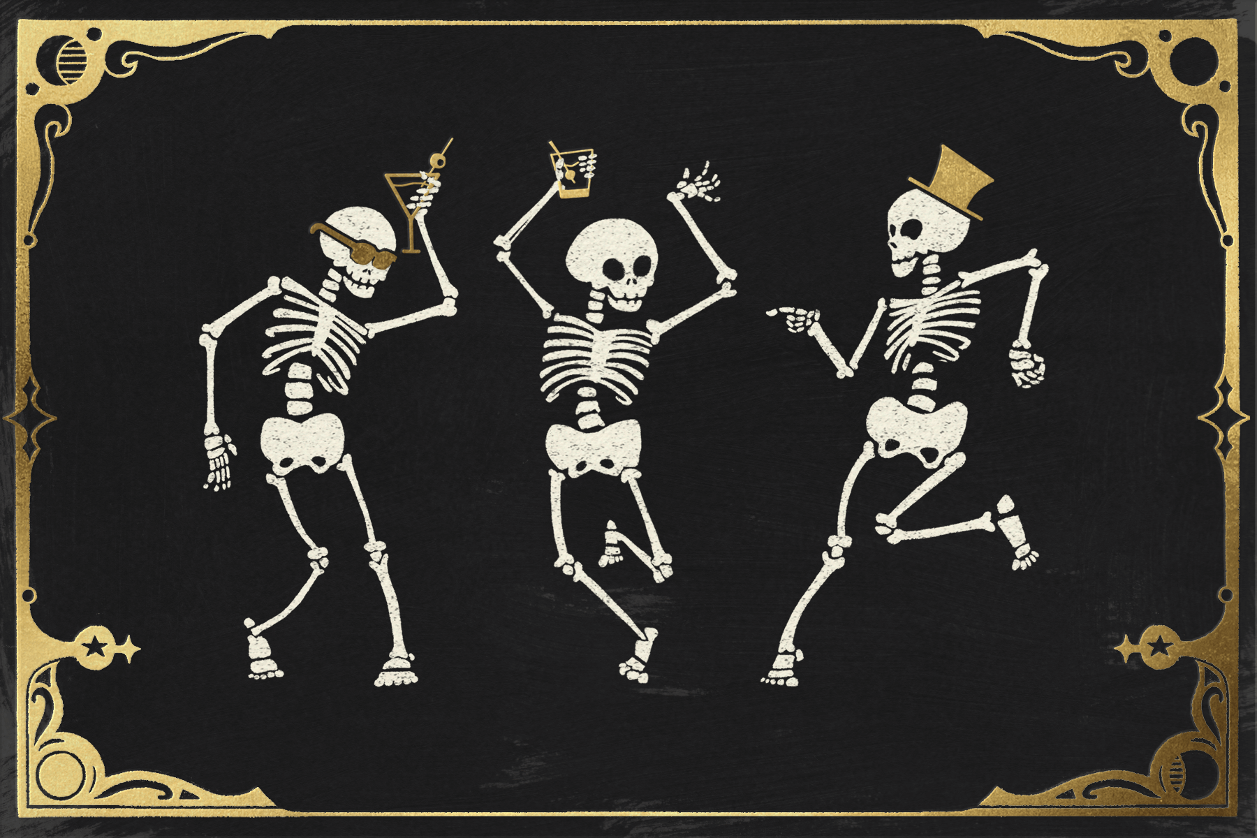 Three human skeletons wearing gold hats and sunglasses and carrying drinks dance on a black background with an ornate gold border.