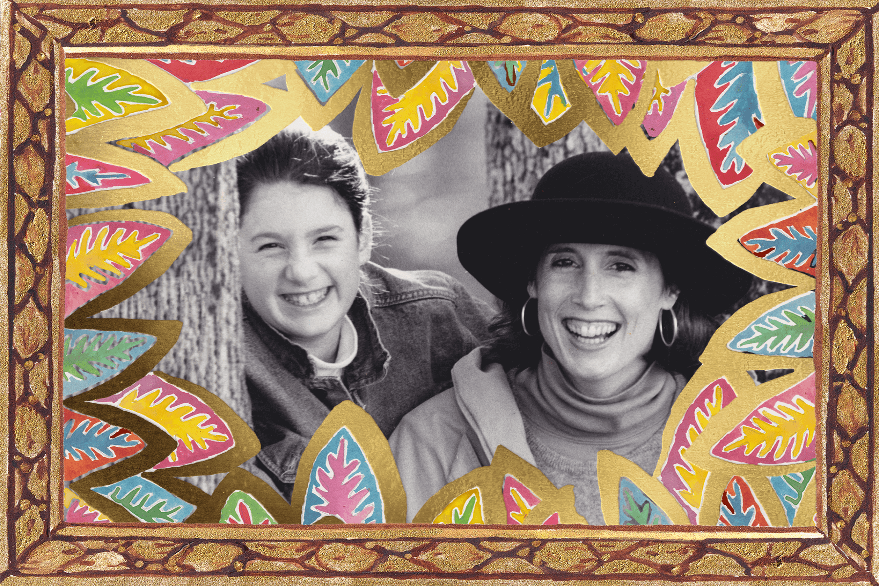 A black and white photo of a young Happy Menocal with her mother Katharine Barnwell in a gold painted frame with colorful leafy border.