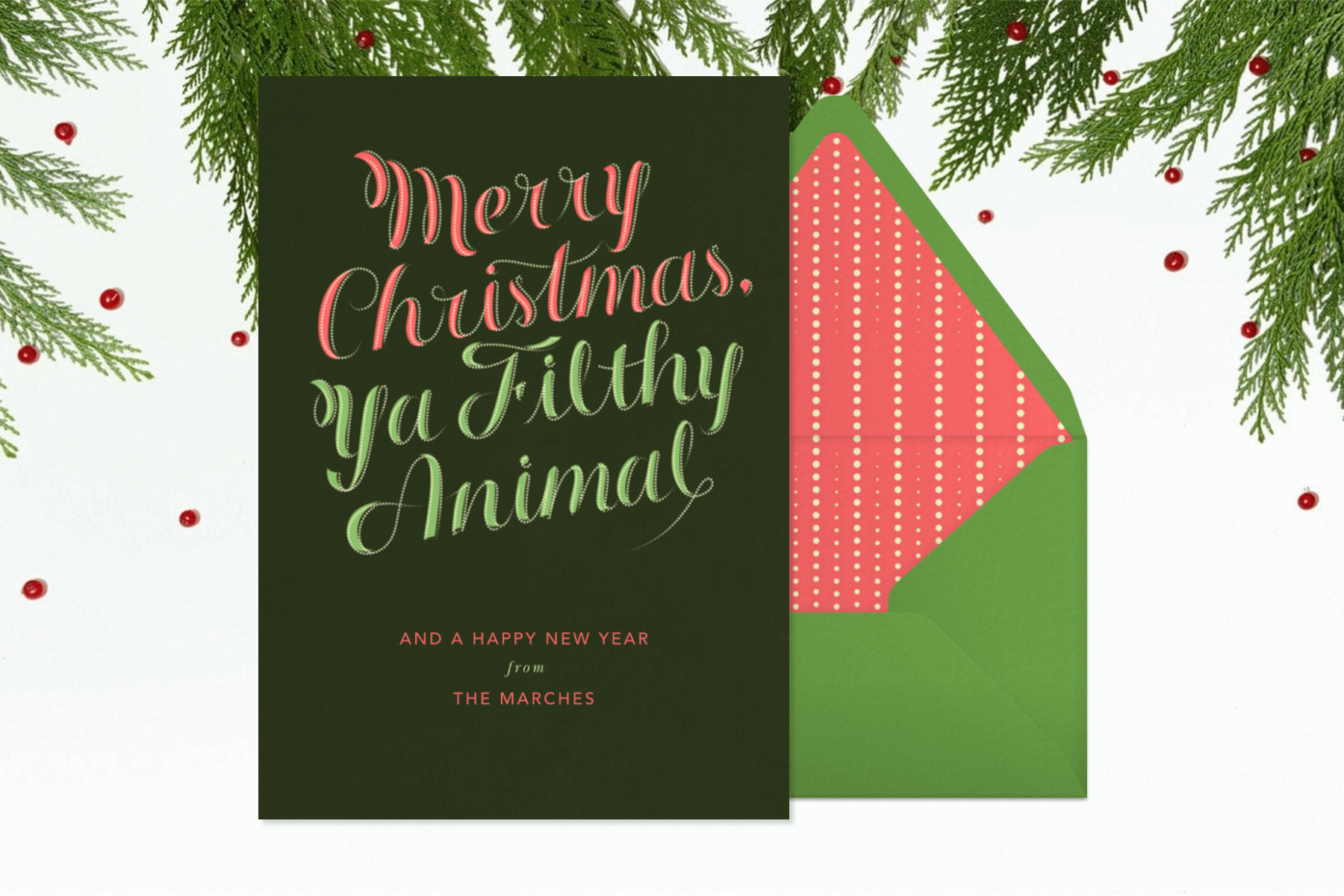 A card reads “Merry Chrisymas, ya filthy animal” in red and green.