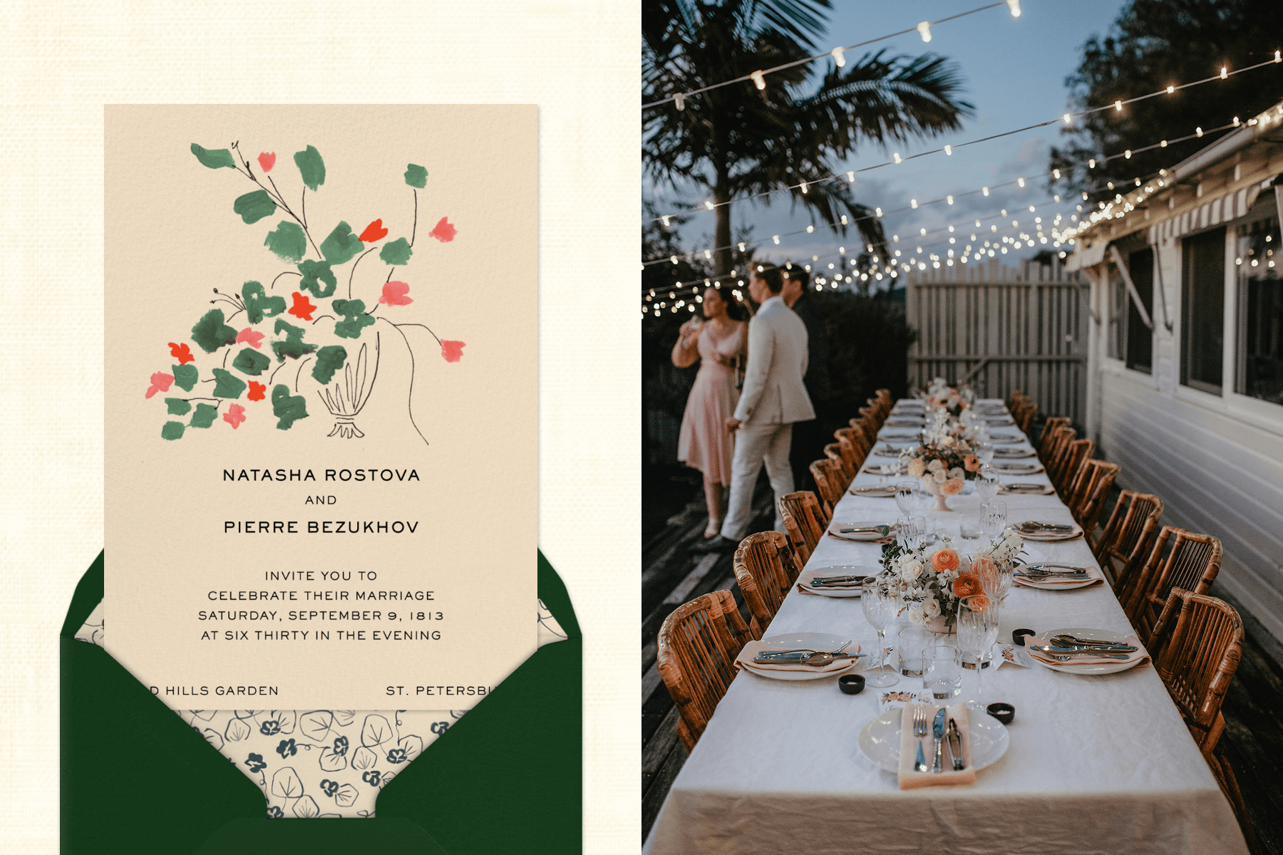 A wedding invitation featuring a minimalist green and red floral illustration with a dark green envelope and floral illustrated envelope liner; An outdoor dining setup featuring a long dinner table with neutral table settings, bamboo chairs, and string lights