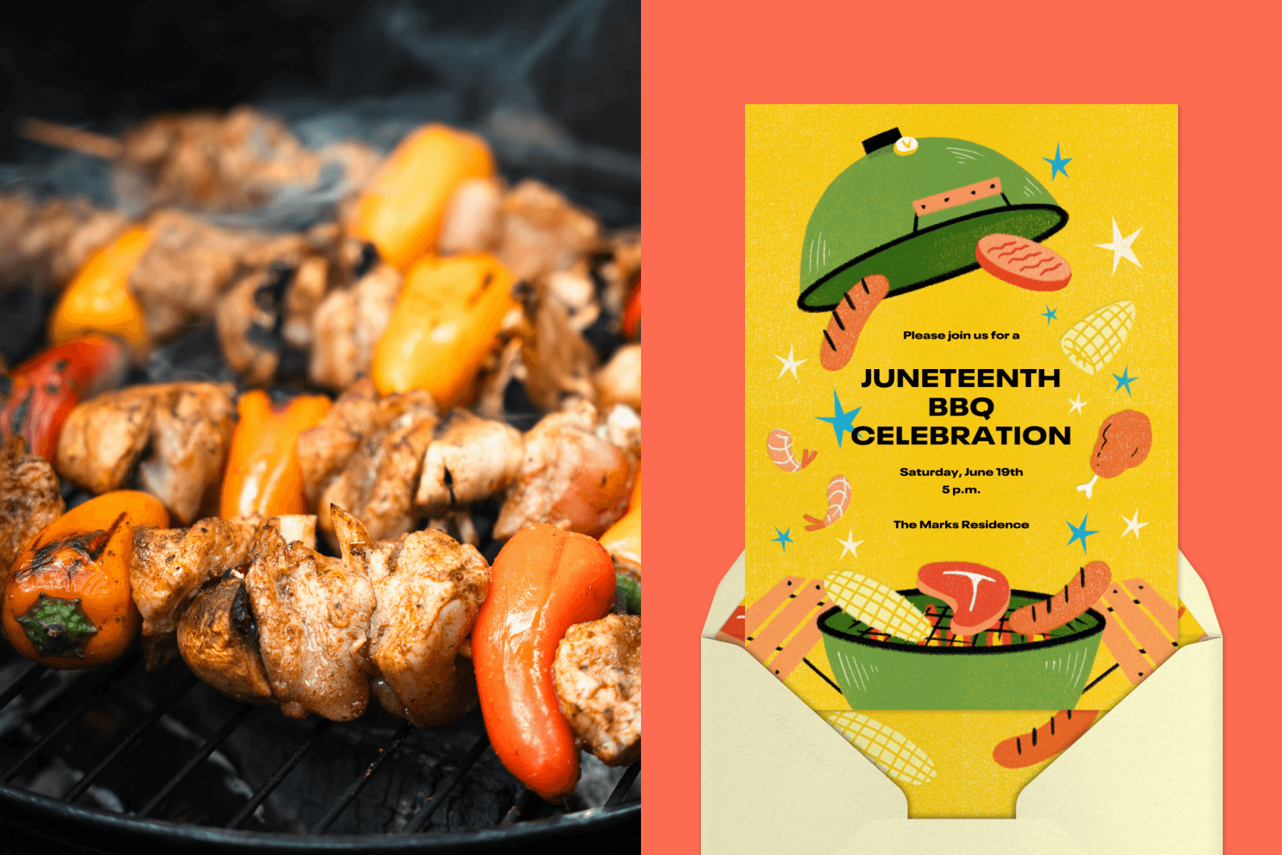 Left: An image of chicken and pepper shishkababs cooking on a grill. Right: A yellow Juneteenth barbecue invitation with grill and barbecued meat illustrations atop an ivory envelope against a bright coral backdrop.