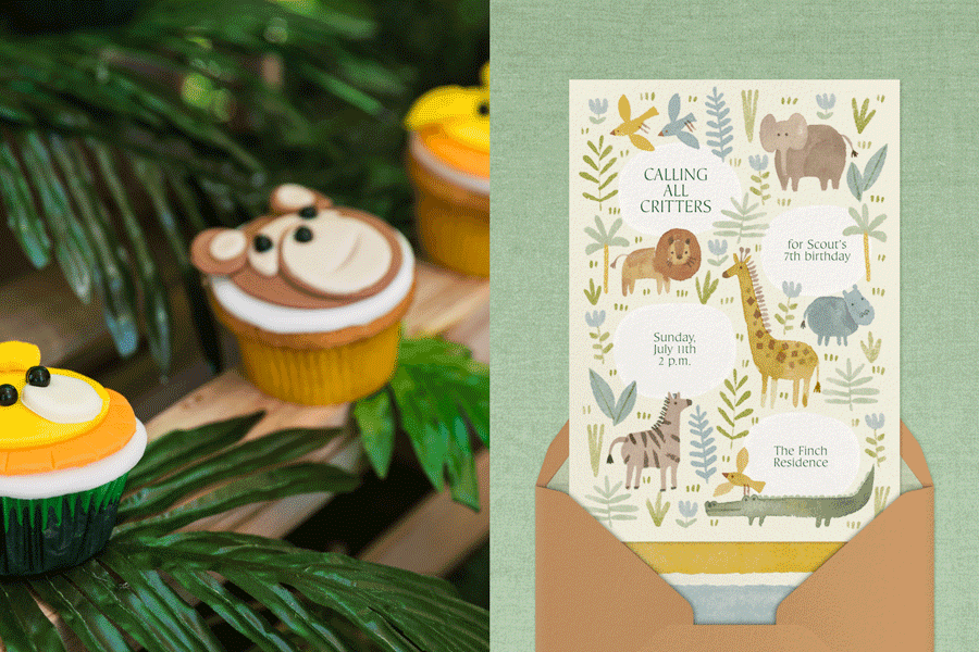 A looping video of side-by-side images showing: a photo of animal-themed cupcakes paired with a birthday party invitation featuring zoo animals; a photo of a unicorn piñata next to a unicorn-themed birthday party invitation in pink and purple; and a photo of two children next to a space-themed birthday cake alongside a birthday party invitation showing a spaceship and astronaut that reads ‘Space Party’. 