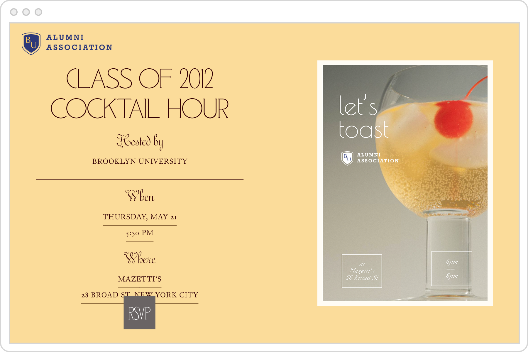 A graduation cocktail party Flyer event page featuring a glass of Champagne with a maraschino cherry garnish against a yellow background.