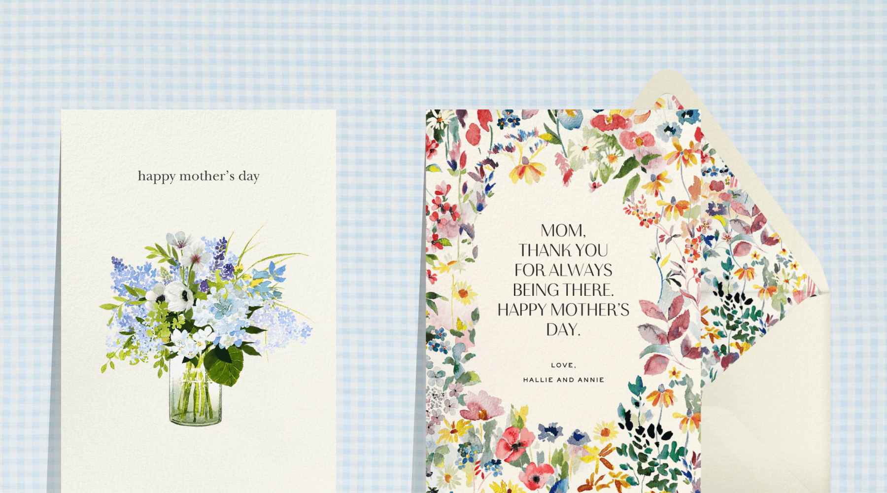 A card with a vase of blue flowers; a card with a colorful floral border.