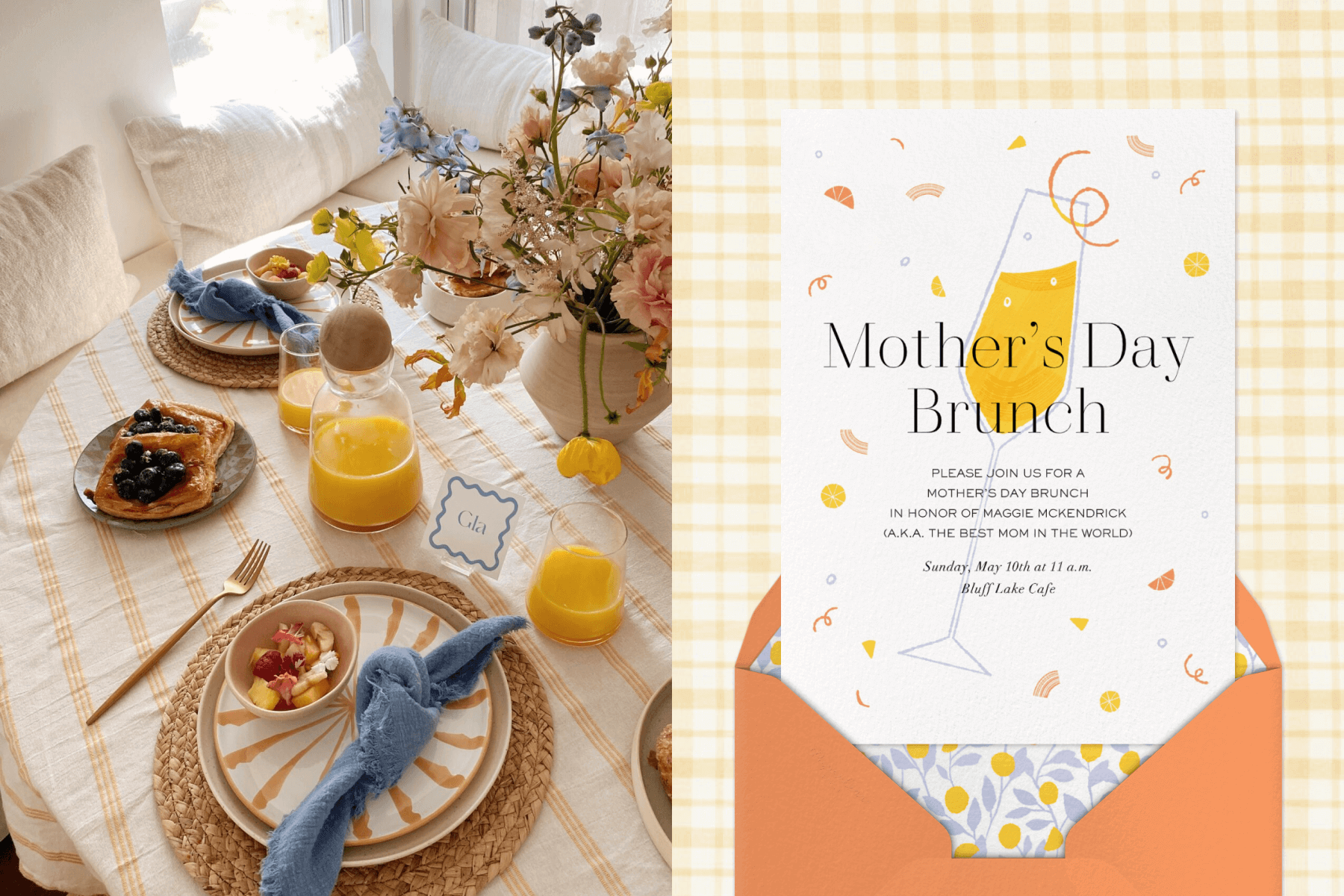 Breakfast food, orange juice, and flowers laid out on a striped table cloth; an invitation for ‘Mother’s Day Brunch’ with a mimosa and little orange twist-inspired confetti.