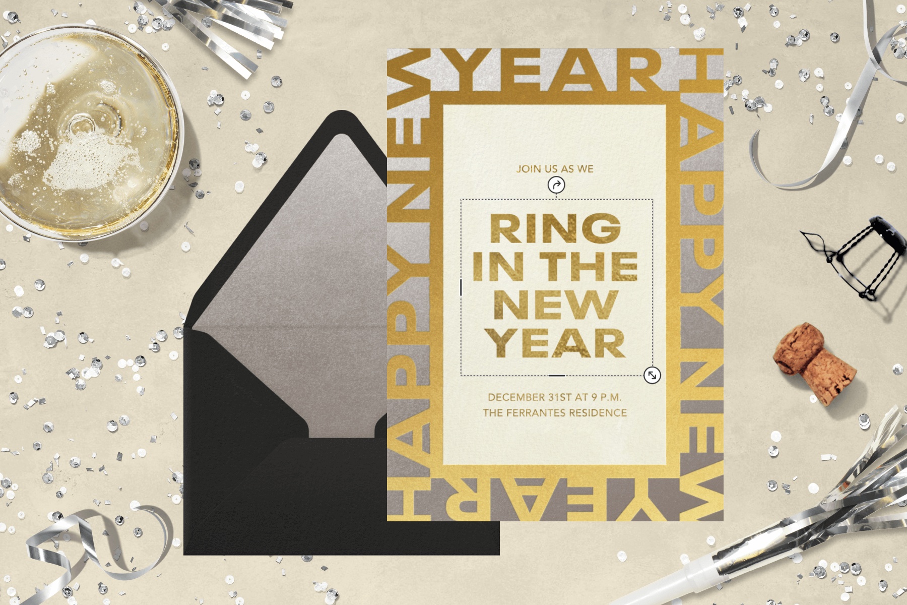 An invitation reads HAPPY NEW YEAR in gold around the border and is surrounded by glitter and party favors.