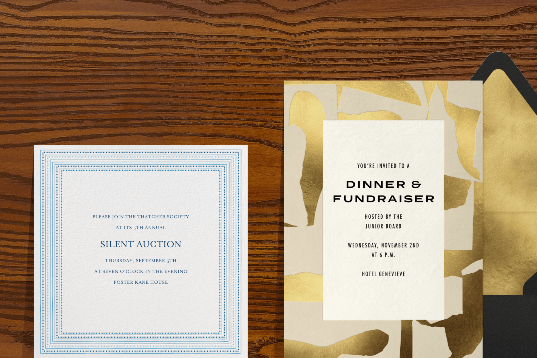 Two invitations set on a wood background: Left, an invitation to a silent auction in white and blue; Right, an invitation to a dinner and fundraiser with gold metallic abstract shapes, set on a black envelope. 