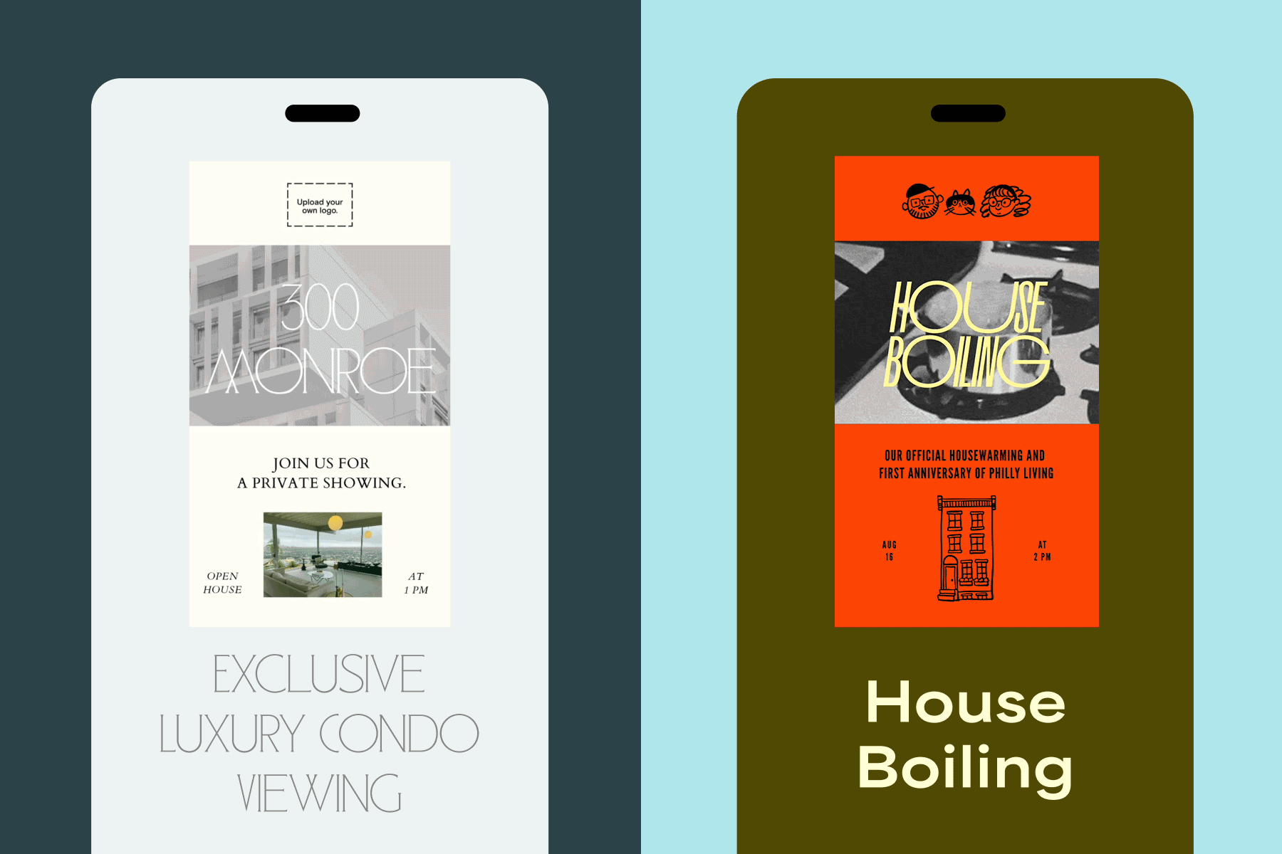 A digital invitation template on a phone screen for a luxury condo viewing; A digital invitation template on a phone screen for a ‘house boiling’ party featuring an animated boiling pot of water.