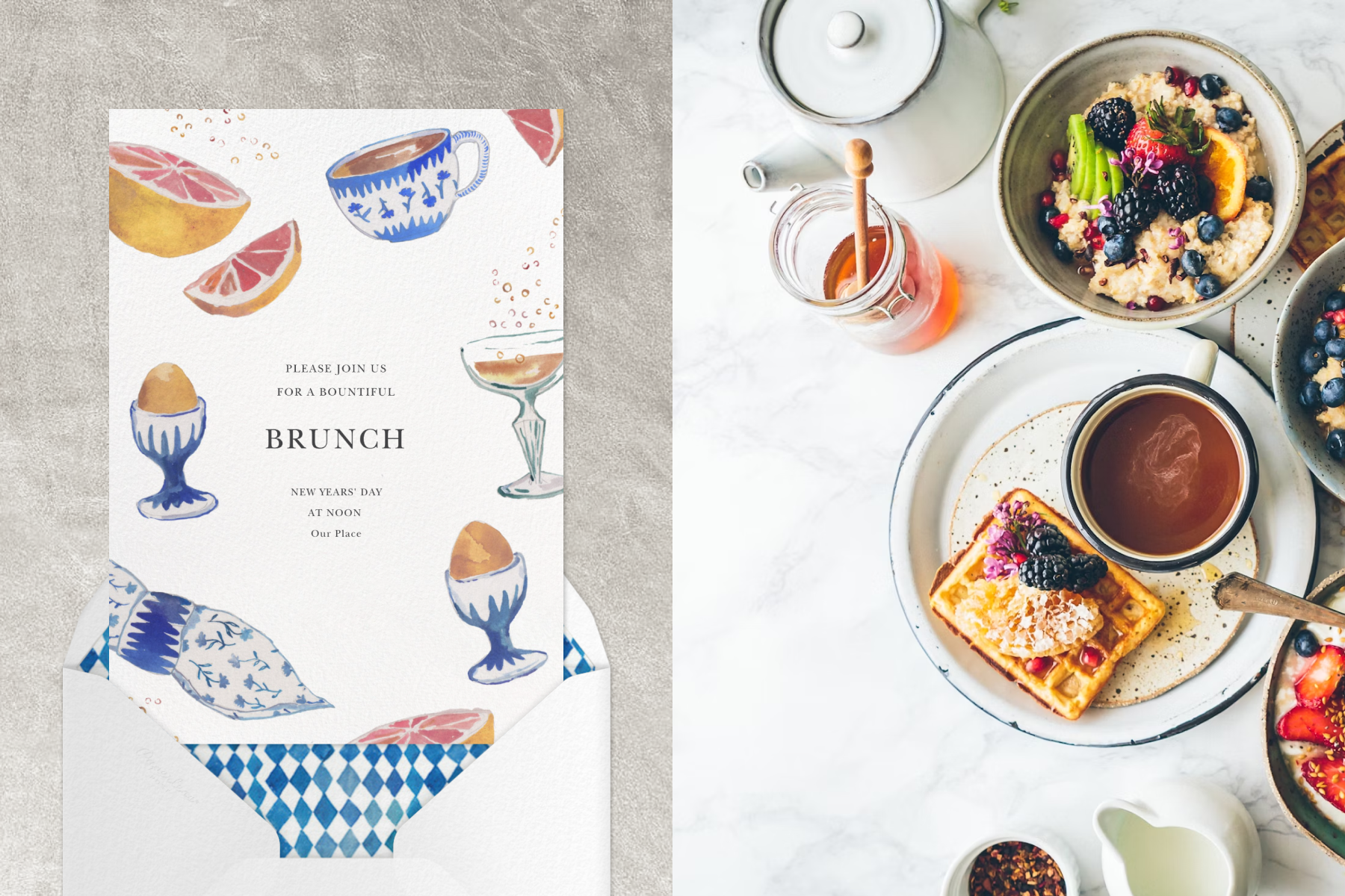 A brunch invitation with illustrations of brunch foods and drinks paired with a white envelope and blue check envelope liner; An overhead shot of coffee and a plate of waffles and oatmeal.