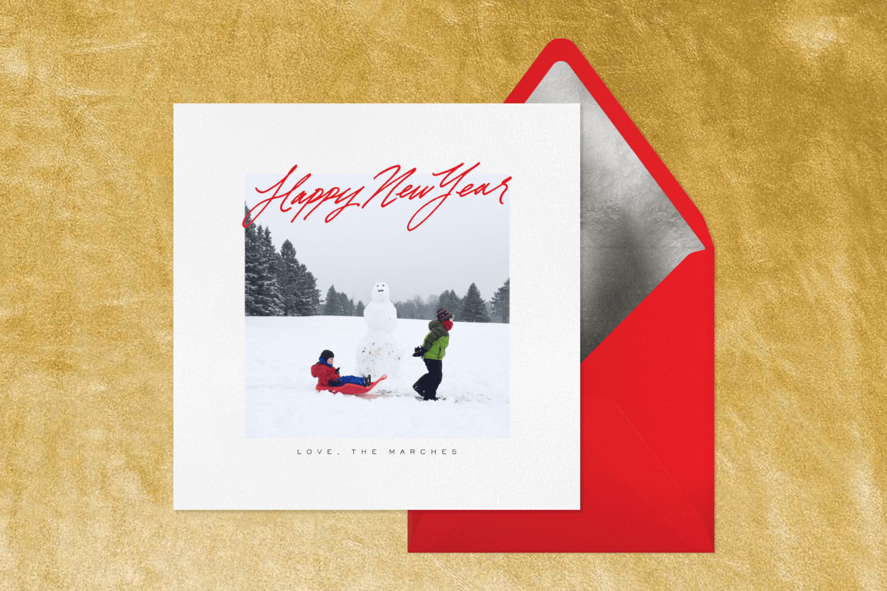 A white new year card with a square photo and the script "Happy New Year."