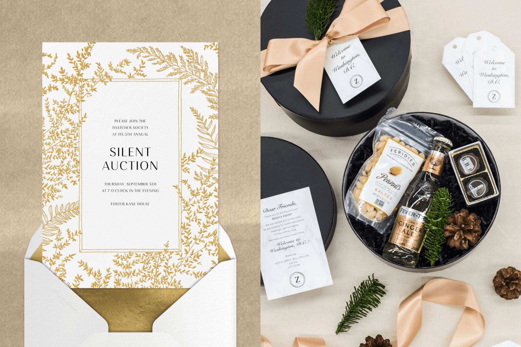 An invitation with gold ferns on the border; round gift boxes filled with peanuts, ginger ale, and a pine cone.