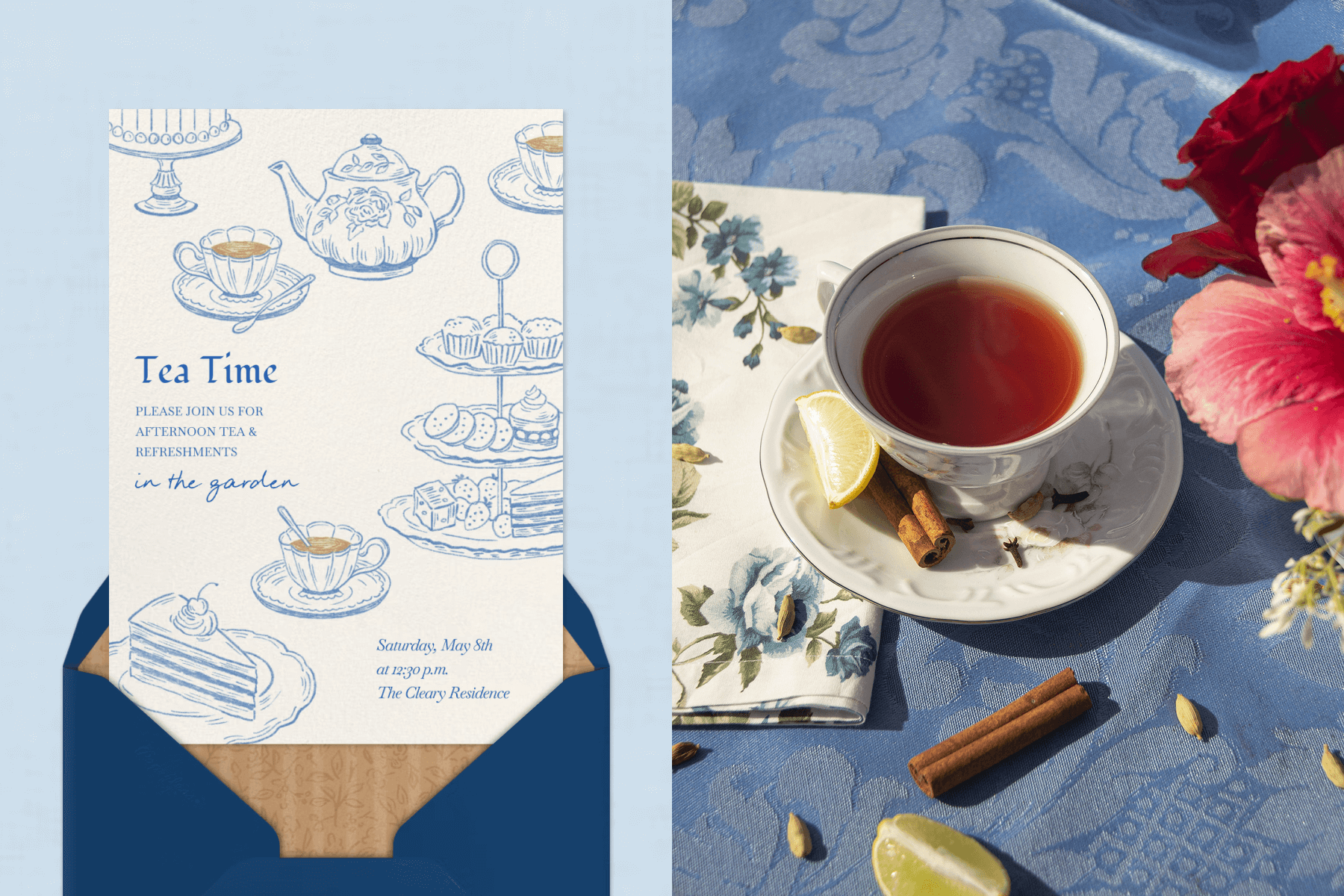 An invitation with blue illustrations of teacups, a teapot, and desserts; a teacup and saucer with lemon and cinnamon.