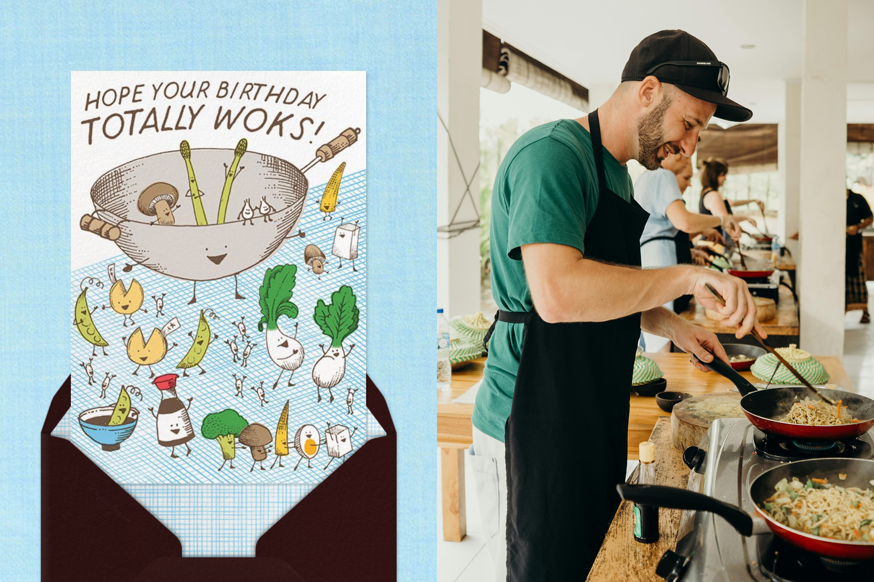 A birthday card featuring illustrations of dancing food and a wok; A man in an apron standing at a kitchen stove cooking food.