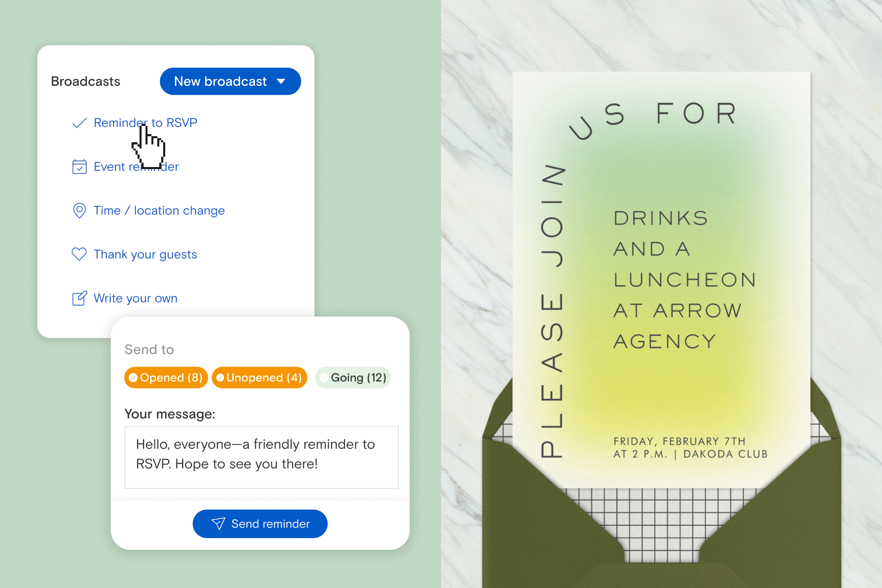 A pop-up box with options for sending guest event reminder messages on a light green background; A business event invitation with a green ombre background paired with a green envelope, gridded envelope liner, and a marble background.