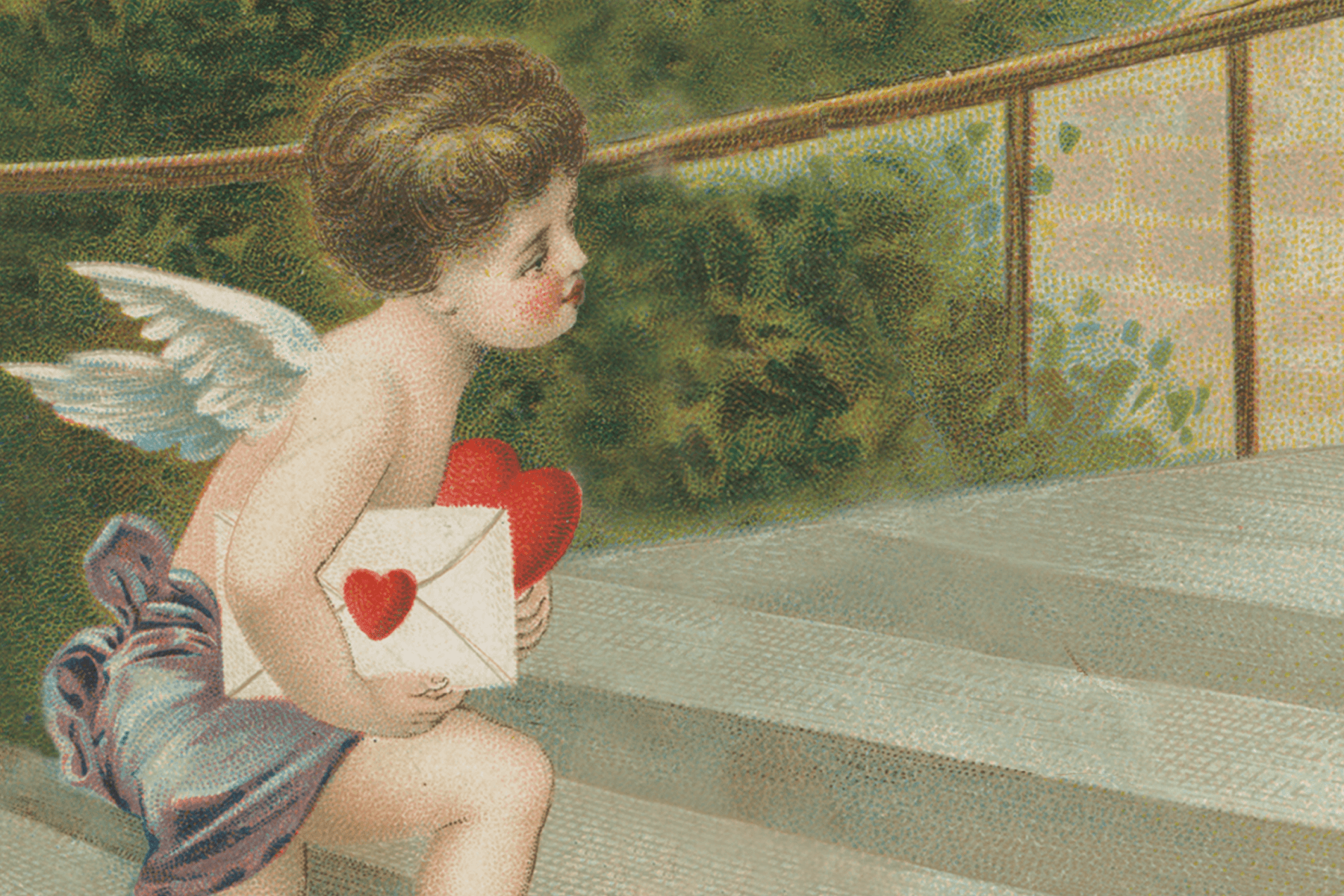 A young winged angel holds a heart and envelope with a heart on it.