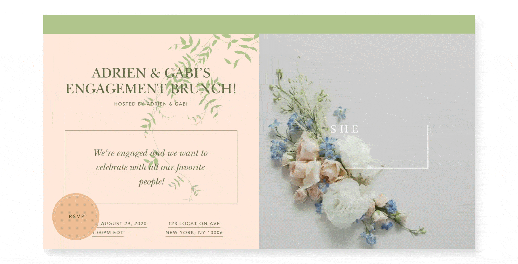 Engagement party Flyer invitation with an animated floral background.