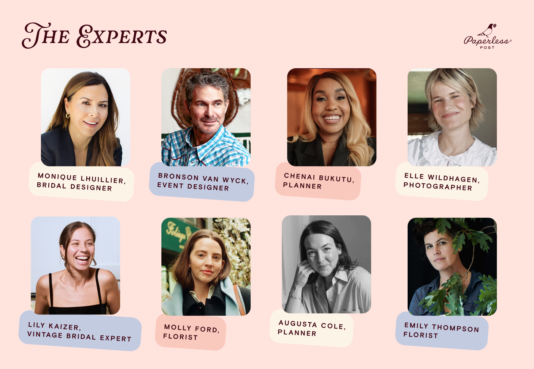  Eight headshots of wedding industry experts, along with their names and titles underneath each, all over a pale pink background. The names read: Monique Lhuillier, bridal designer; Bronson Van Wyck, event designer; Chenai Bukutu, planner; Elle Wildhagen, photographer; Lily Kaizer, vintage bridal expert; Molly Ford, florist; Augusta Cole, planner; and Emily Thompson, florist. 