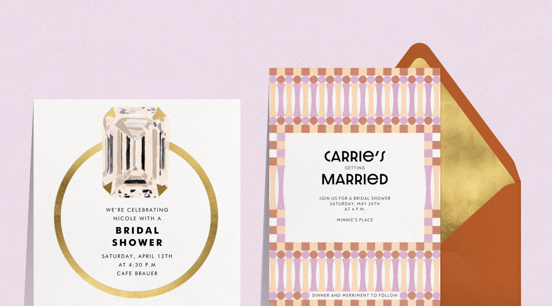 An invitation with a large diamond ring; an invitation with a graphic, tile-inspired pink and orange pattern with an orange and gold envelope