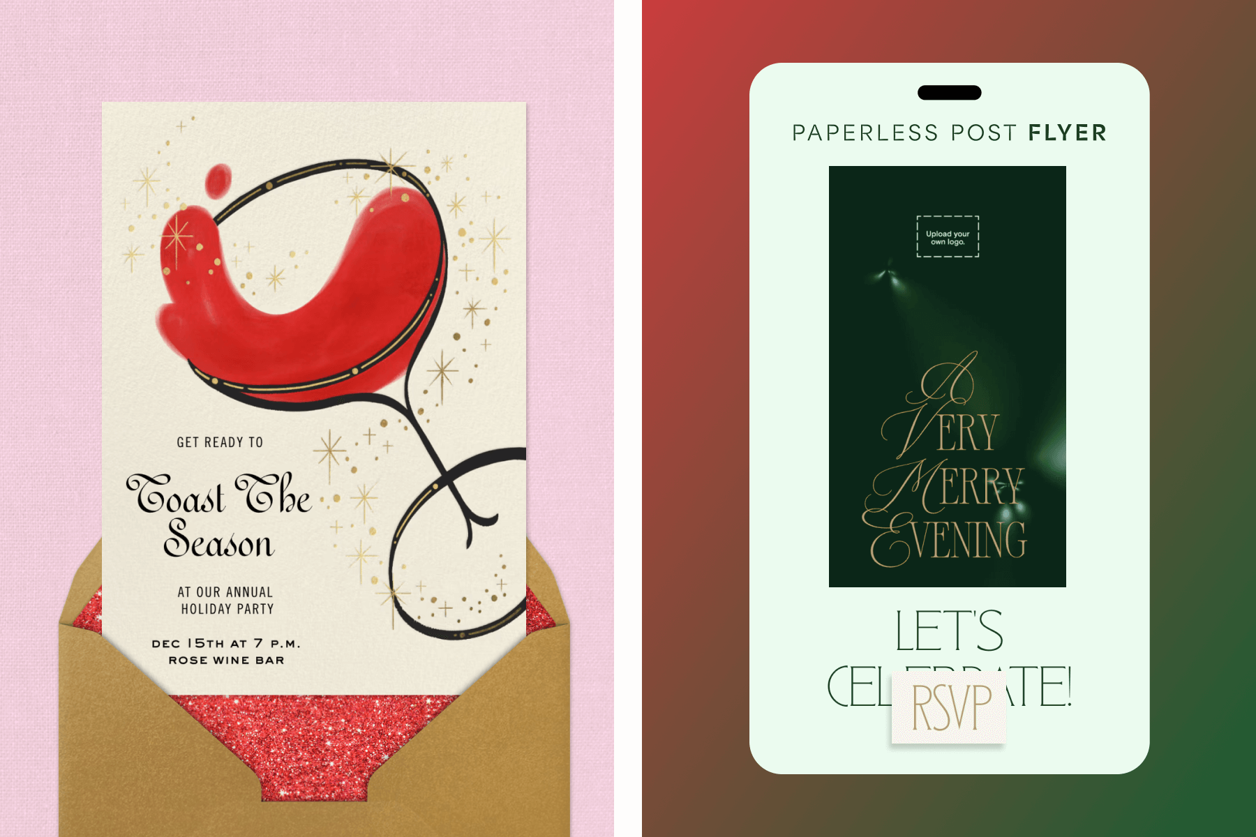 Left: An invitation to an annual holiday party showing an illustrated coupe glass with a red swirl of ink for the drink, coming out of a gold envelope with a sparkly red liner; Right: An event page for ‘A Very Merry Evening’ in mint and dark green, with gold lettering, on a red and green gradient background.