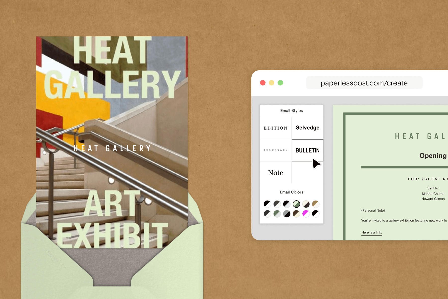 An invitation for an art exhibit with a photo of the gallery’s interior and large pale green text reading ‘HEAT GALLERY ART EXHIBIT’ above a matching pale green envelope, and a corresponding customized invitation email being designed in the same green color palette.