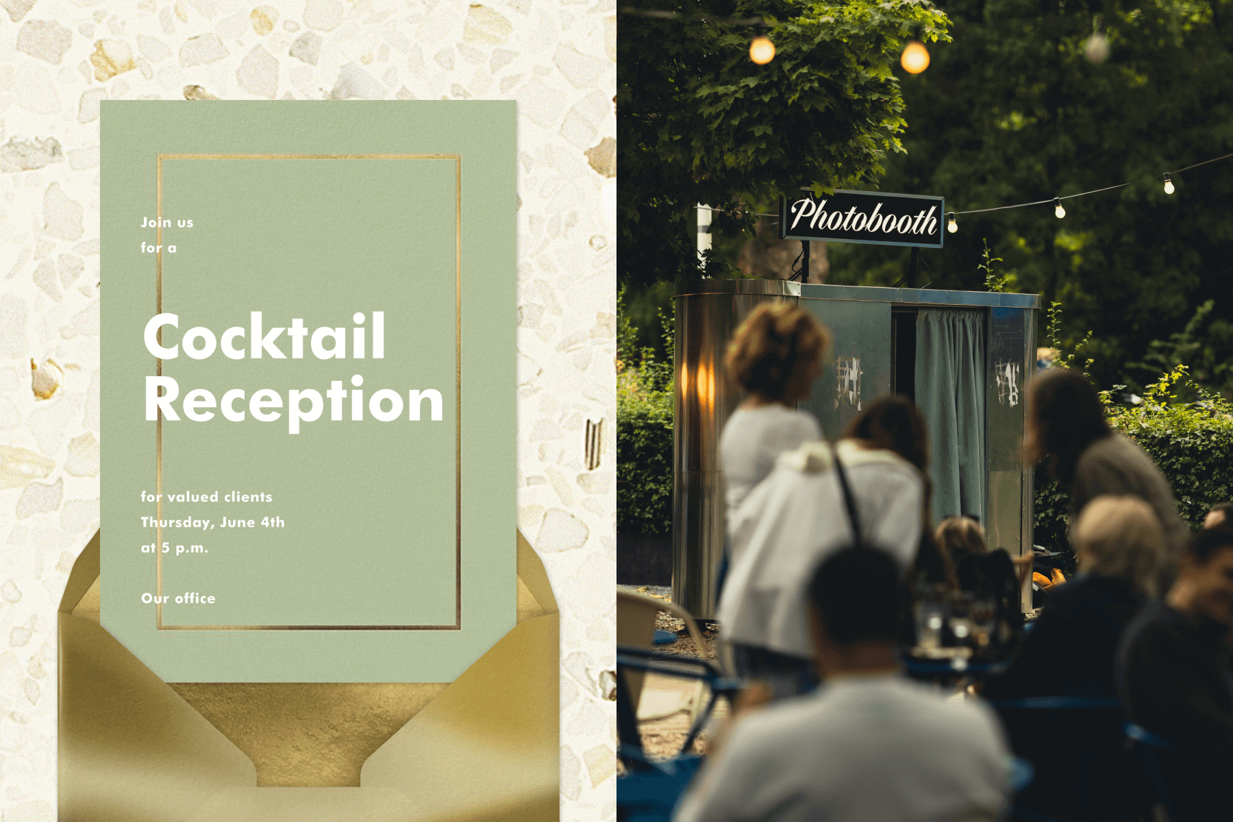 A green photobooth in the background of a crowd of people; A cocktail reception invitation featuring a light green background and gold foil accents.