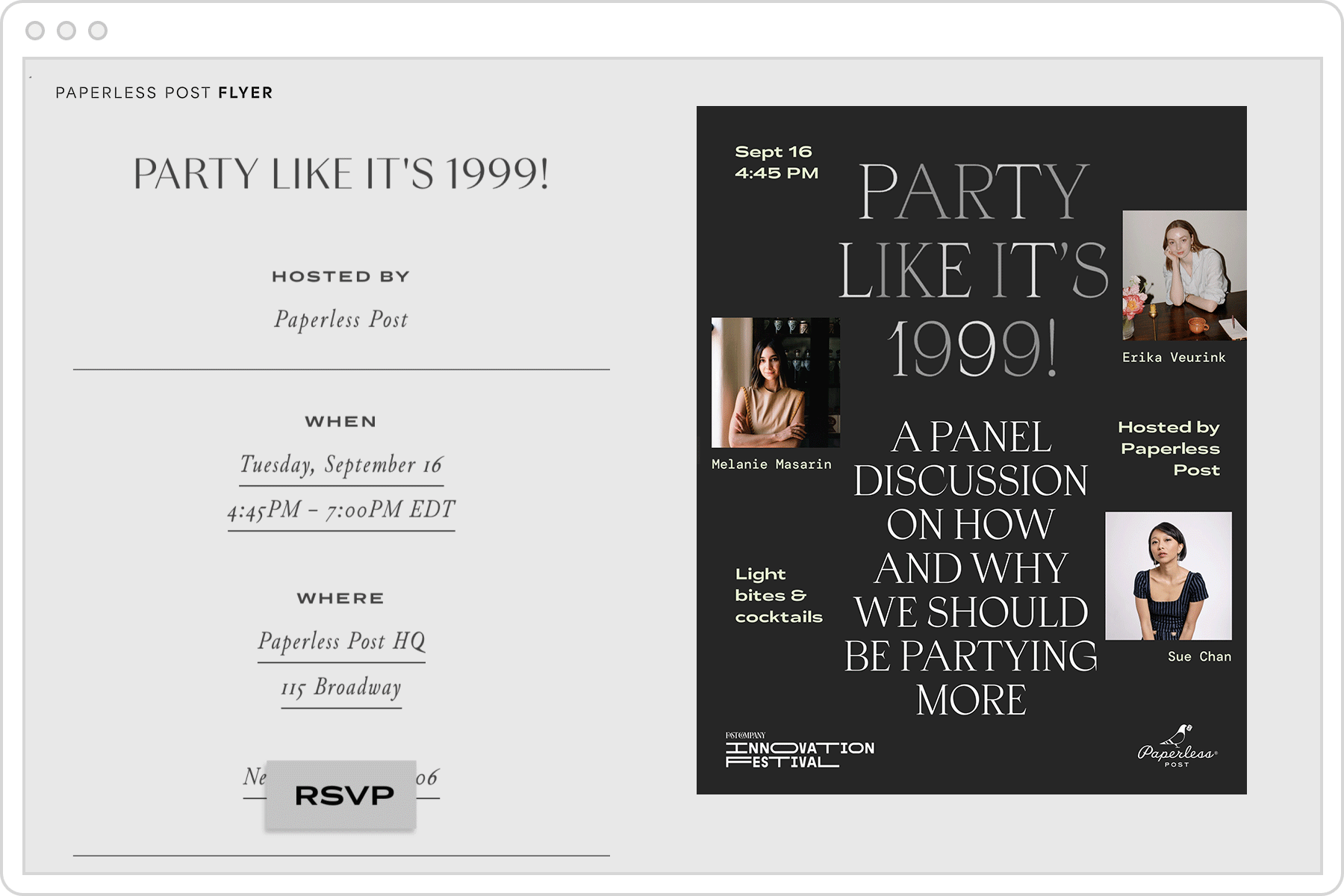 An event page for ‘Party Like It’s 1999!: A Panel Discussion On How and Why We Should Be Partying More,’ with event time, address, and headshots of three speakers.