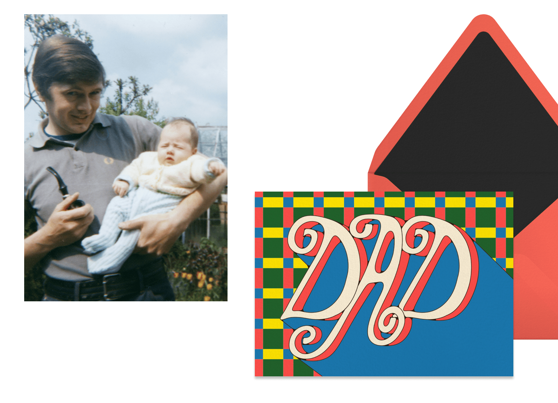 Left: A photo of a father with his infant child in one hand and a tobacco pipe in the other. Right: A blue, green, yellow, and red retro Father’s Day card sits to the left of a red envelope with a black interior.