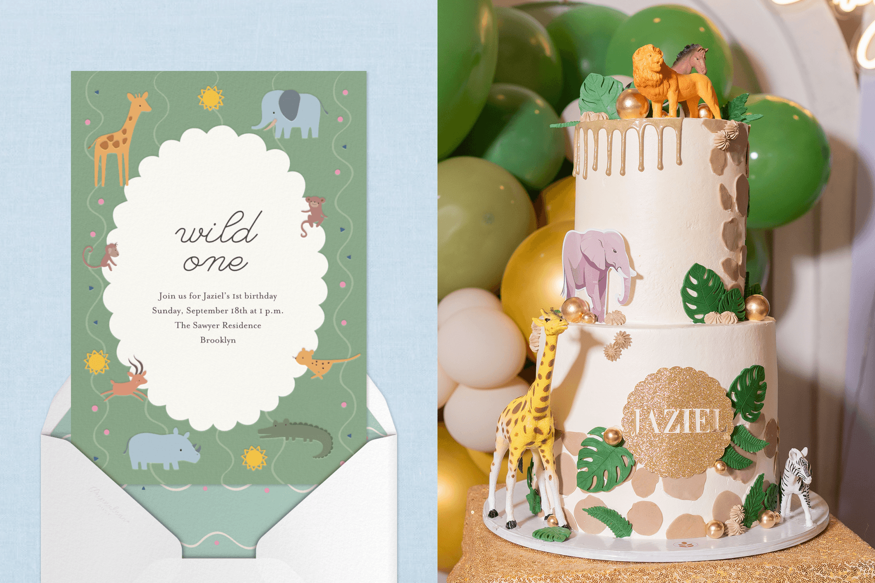 LEFT: A green invitation with the words ‘wild one’ and illustrations of animals emerges from a white card. RIGHT: A white cake with the name ‘Jaziel’ featuring animal illustrations and figurines
