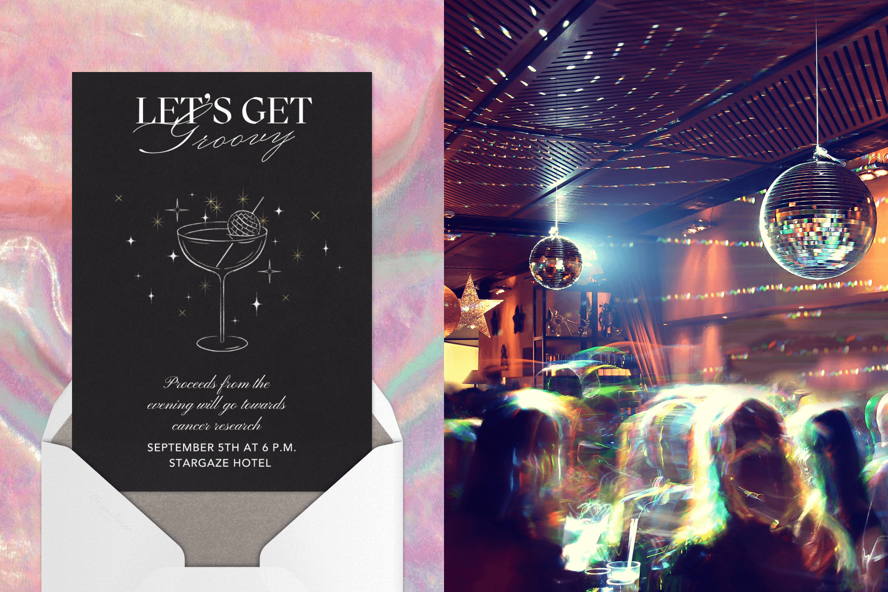 Left: A disco-themed invitation illustrated with a cocktail glass and disco ball garnish animating from a white envelope against a pinky-rainbow oilspill-inspired backdrop. Right: An iridescent party scene with two disco balls glimmering in their respective spotlights.