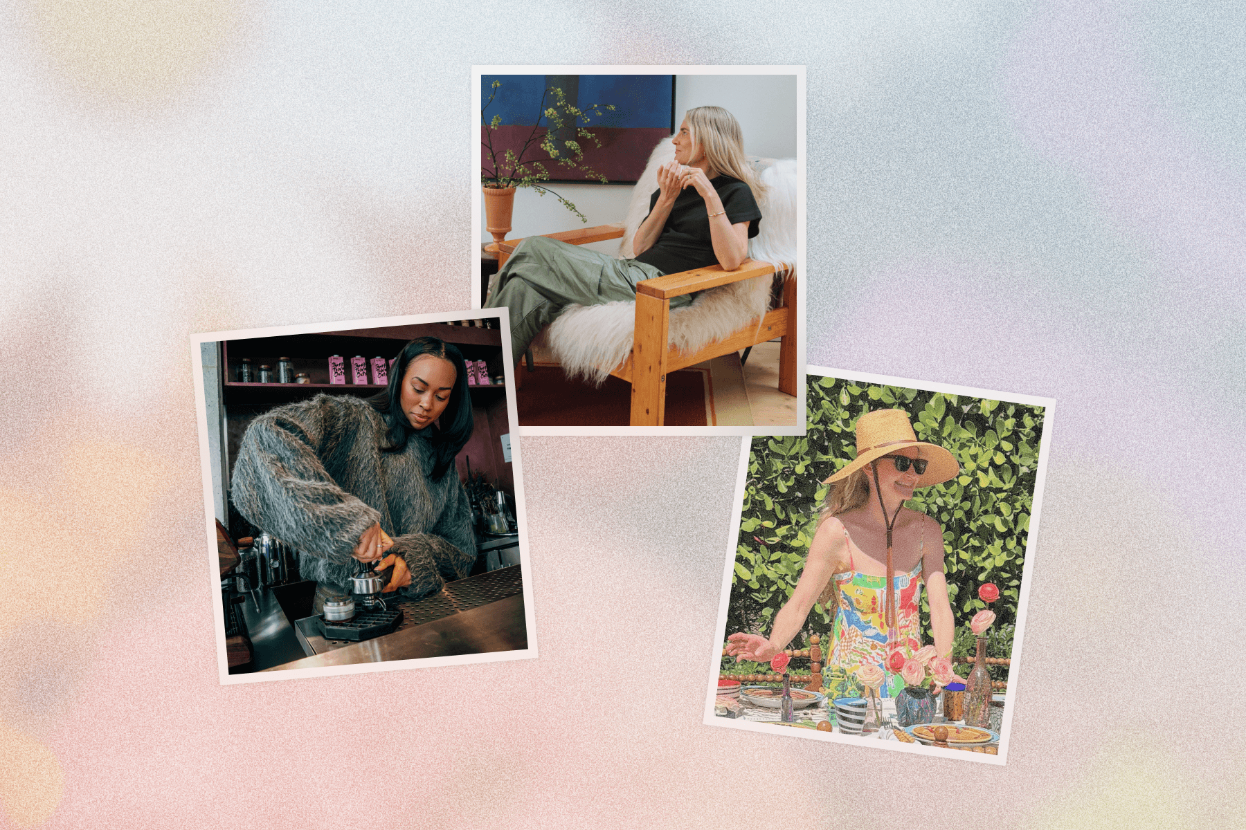 Three photos of tastemakers: Tiffany Thompson, Lucy Williams, and Harling Ross, sit collage-style over a pink and purple pastel gradient background.