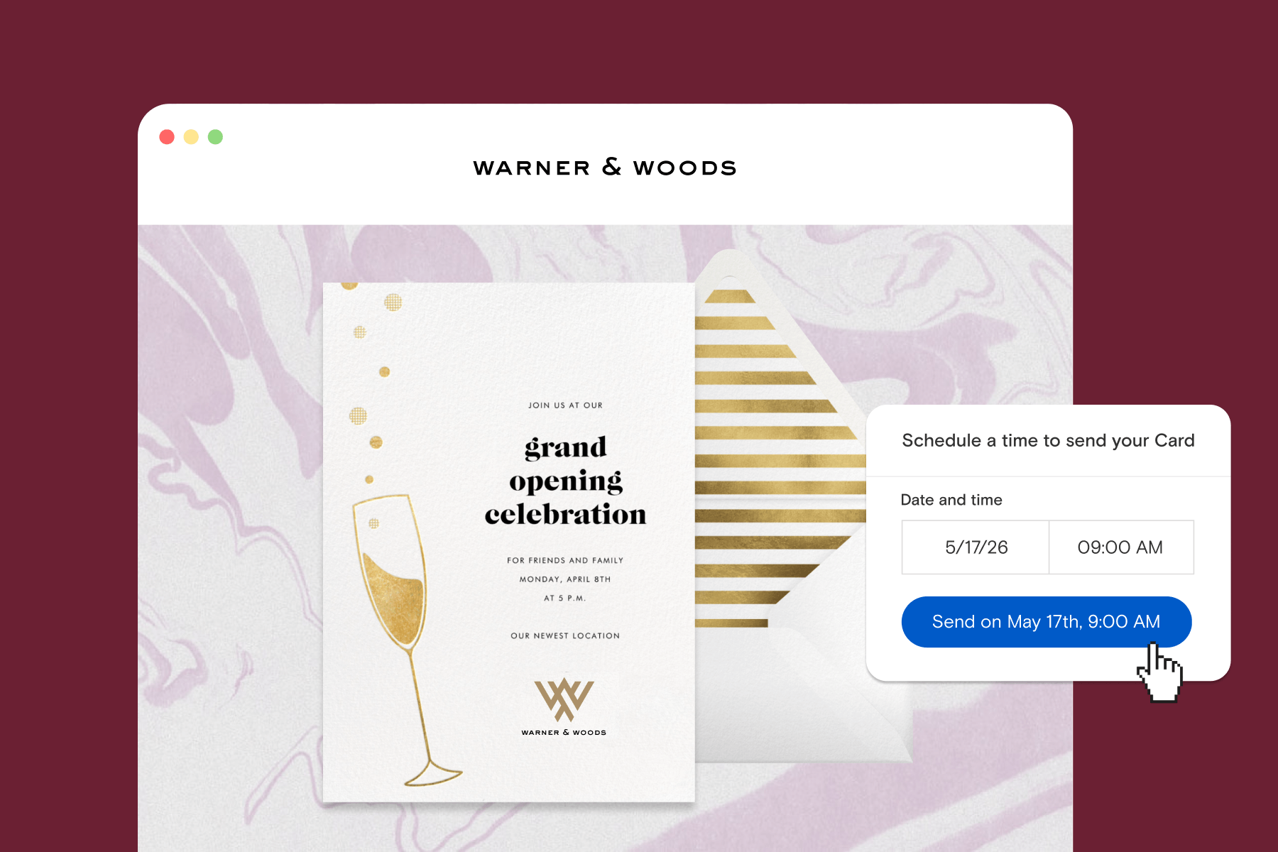 A digital invitation to a grand opening celebration showing a gold champagne glass and an envelope with gold stripes on a marbled backdrop, with a digital tools box showing how to schedule a time to send the Card, all on a maroon background.