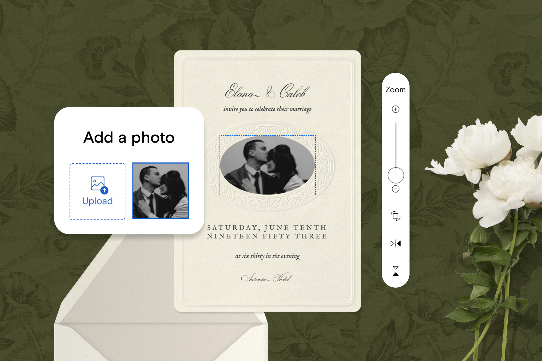 On a green patterned backdrop, a white wedding invitation sits on a white envelope beside white roses, surrounded by customization options to zoom and add photos.