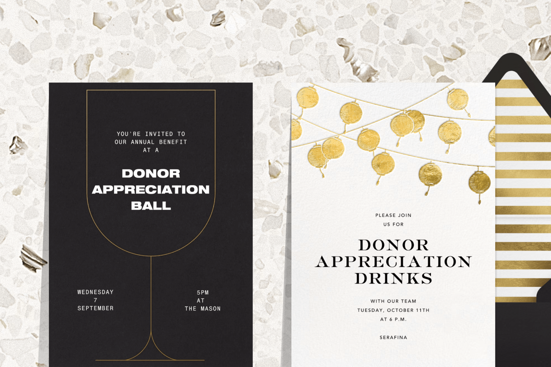 Two donor appreciation event invitations on a gray terrazo stone background; the first with a black background, white text, and a modern gold graphic of a wine glass; the second with a white background, black text, and gold lanterns on a strings across the top paired with a black envelope and gold and white striped envelope liner.