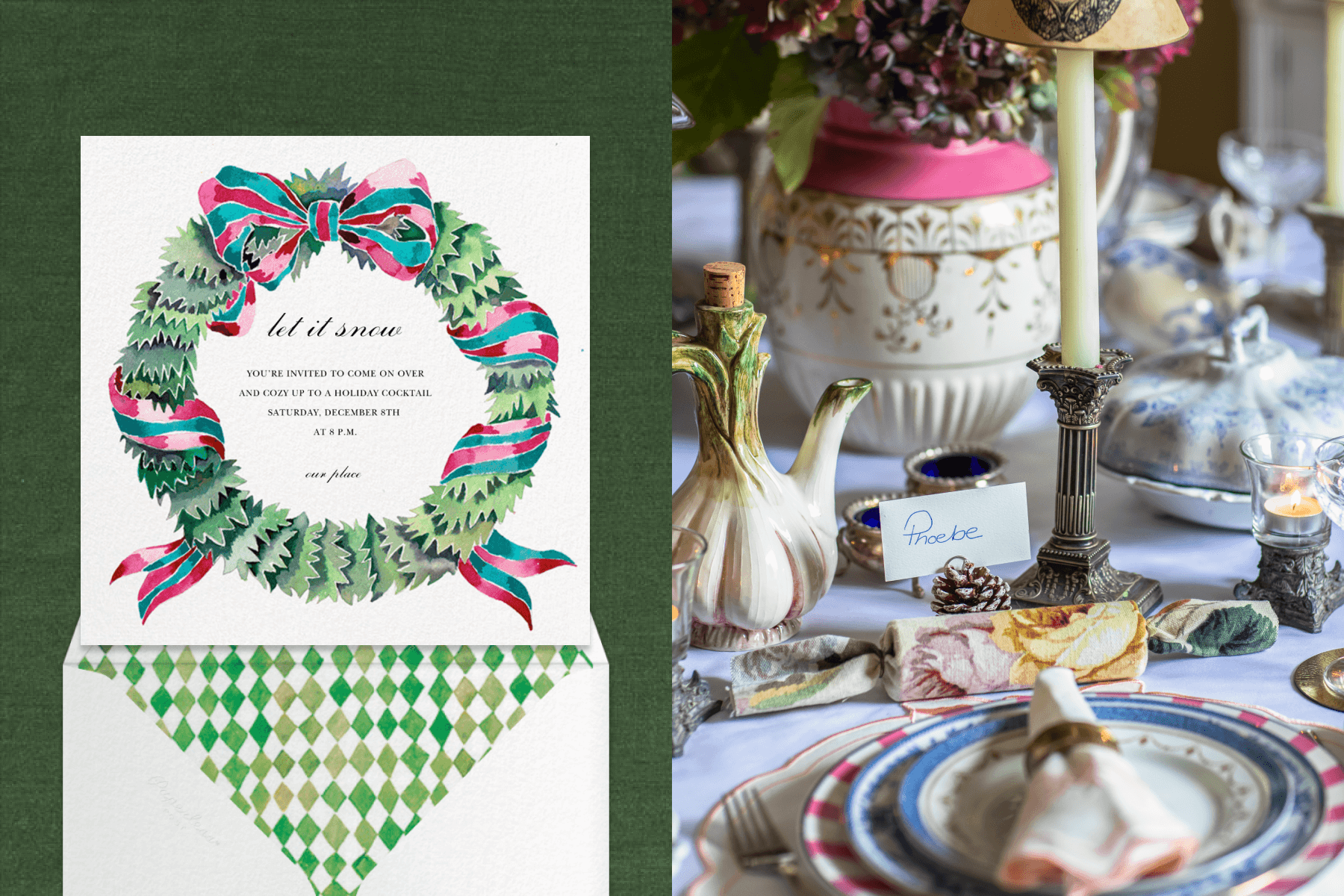 Left: A white holiday invitation with a wreath wrapped in a pink and green ribbon over a green backdrop. Right: A dinner table set with plates, napkins, a taper candle, a vase of flowers, and a place card.