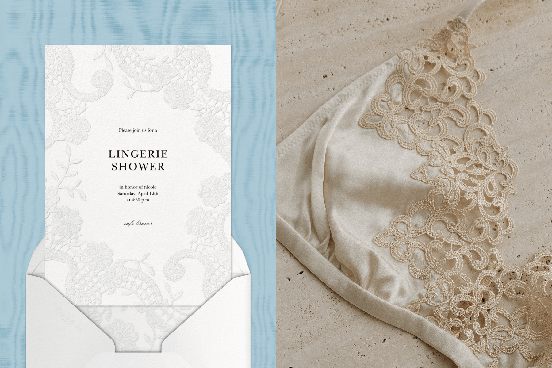 A cream invitation with gray-blue detailing and text reading “LINGERIE SHOWER” atop a blue backdrop; a silk lace bralette.
