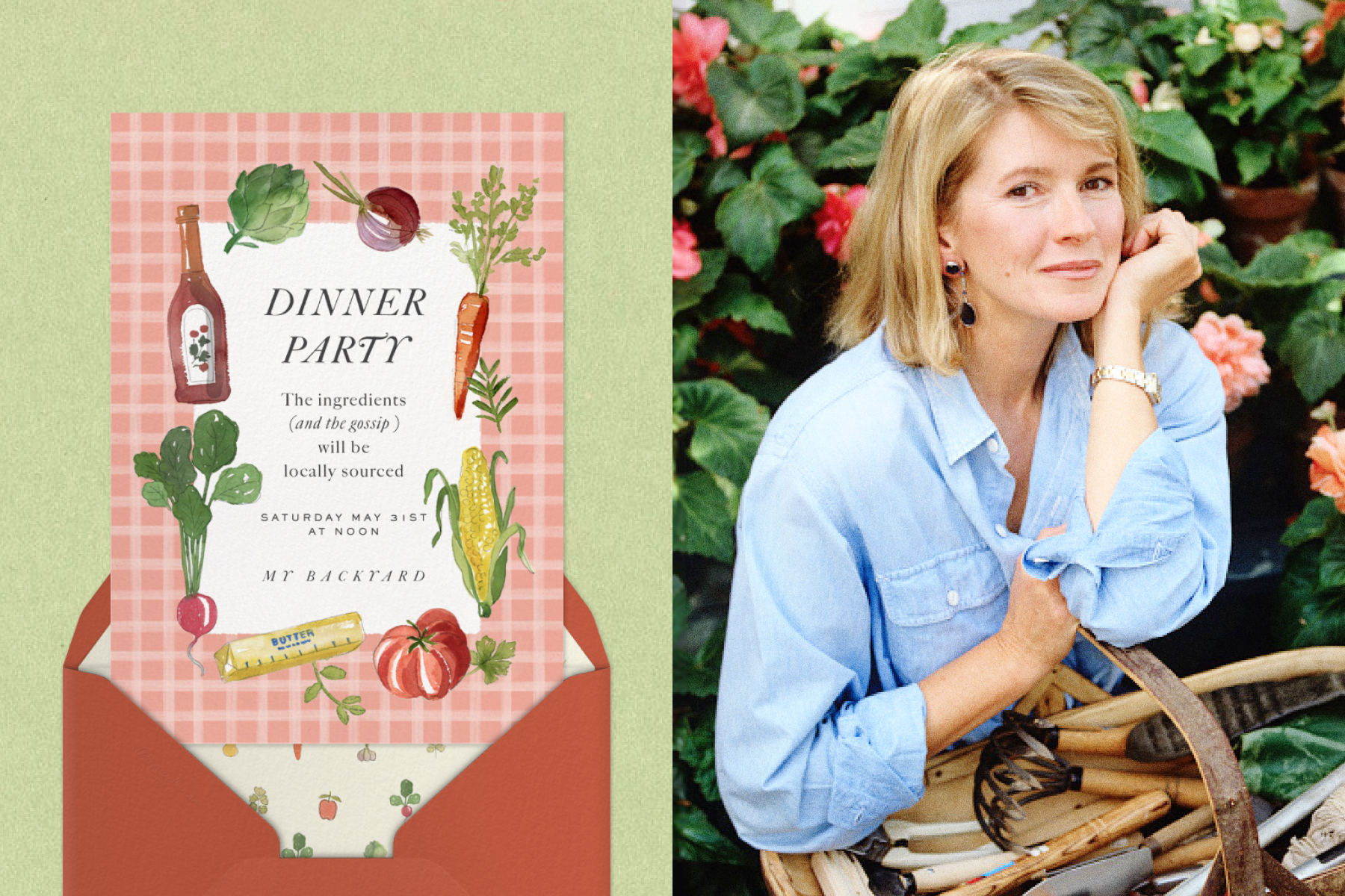 Left: A dinner party invitation with a red gingham border and illustrations of vegetables sits above a brown envelope over a green backdrop. Right: An archival photo of Martha Stewart in a garden holding a basket of gardening tools. 