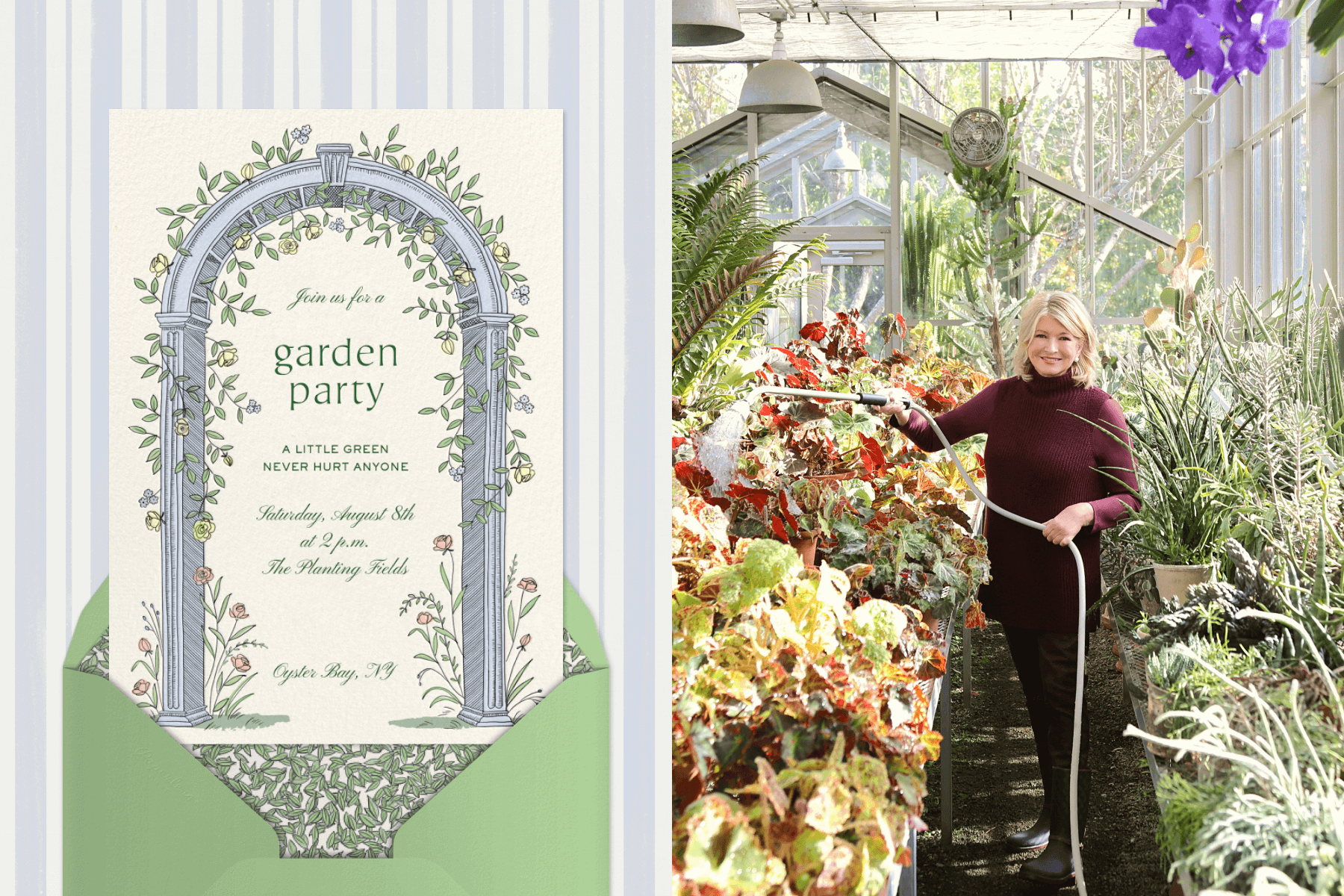Left: A garden party invitation featuring an illustrated floral archway comes out of a green envelope; Right: A photo of Martha Stewart in a greenhouse watering plants with a hose.