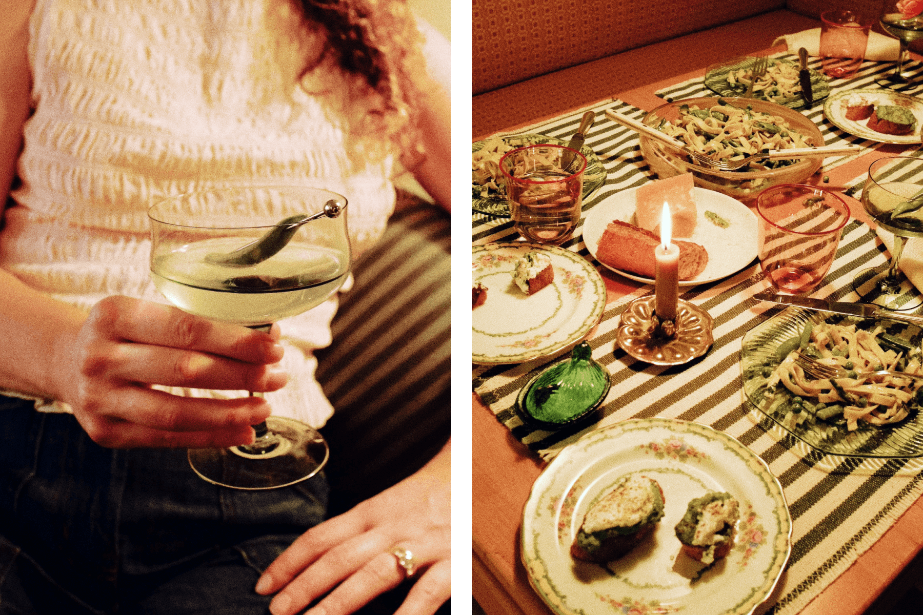 Katherine Lewin sets a dining table with striped placemats, green plates, and a vase with pink and white flowers. The words “PARTY PEOPLE” border the photo.