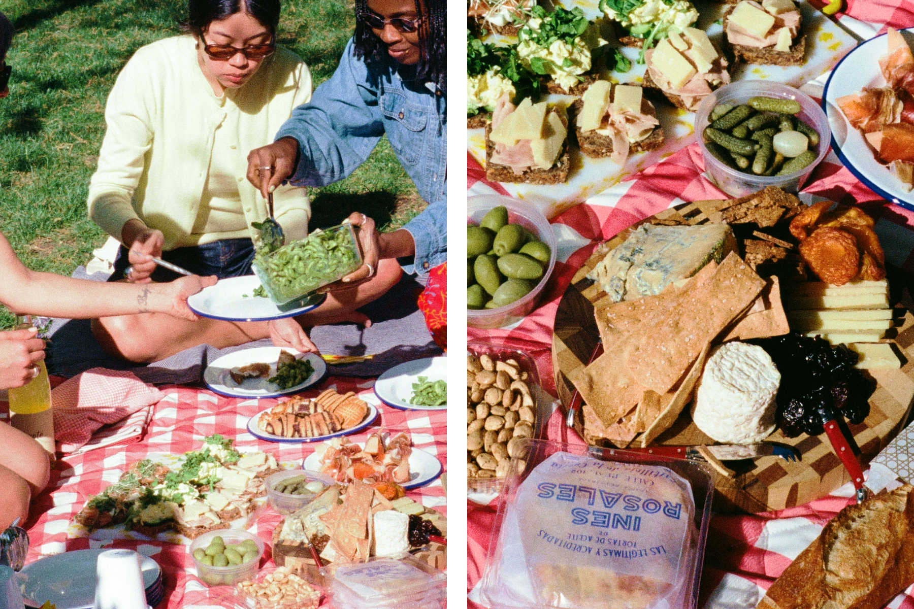 ALT: LEFT: A group of people sit on a red-and-white picnic blanket covered with snacks, serving helpings of green pasta onto white plates. RIGHT: A spread of food, including pickles, olives, bread, cheese, and crackers, sits on a red and white picnic blanket 