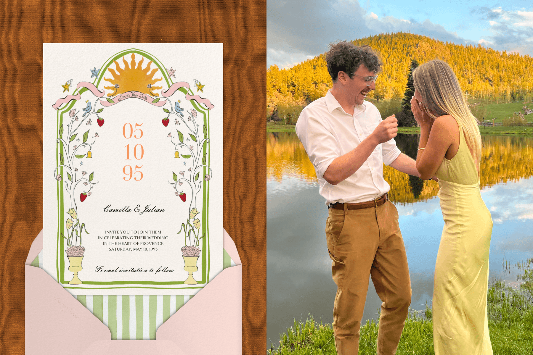 Left: A wedding invitation with hand-drawn plant and sun imagery against a pink, green, and white striped envelope and a wooden backdrop. Right: A happy couple laugh with each other in a scenic outdoor area.