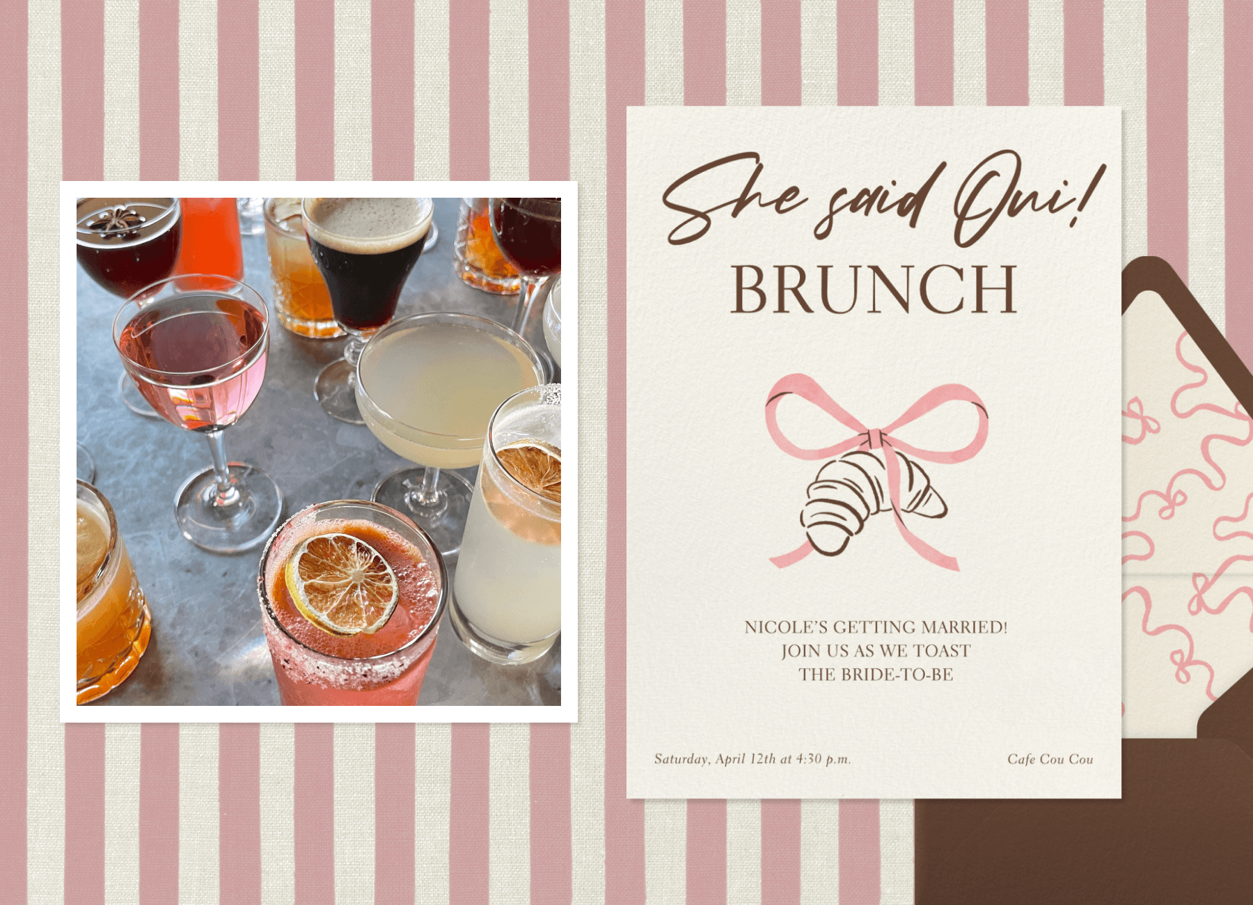 11 different cocktails with dried citrus garnishes, next to a bridal shower invitation with the phrase “She said oui!” atop a brown envelope and a pink-and-white striped background.