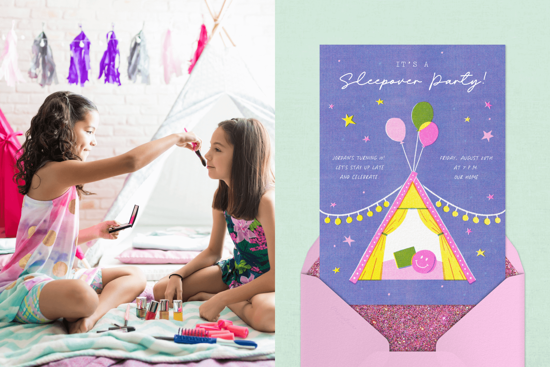 Two girls sitting on the floor in front of a tent putting on makeup; A sleepover party invitation featuring a colorful pink tent and balloons. 
