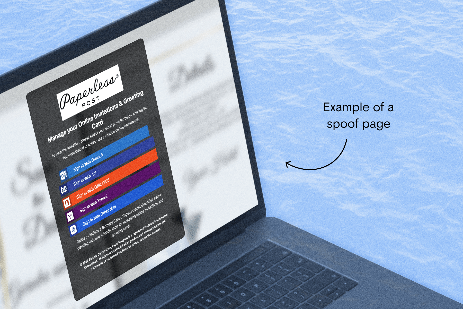 A laptop screen showing an example of a spoof Paperless Post invitation page over a blue textured background with text reading ‘Example of a spoof page’ and an arrow pointing to the page. 