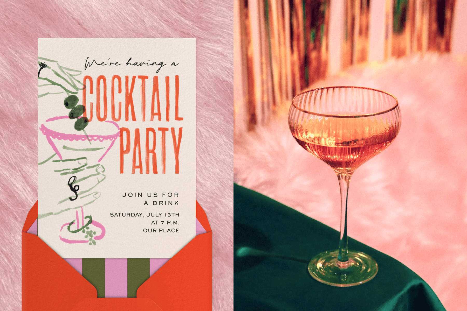 An invitation for a cocktail party featuring a hand-drawn illustration of a martini glass with olives and red, pink, and green accents; A cocktail in a pink glass sitting on a table with a green silk tablecloth.