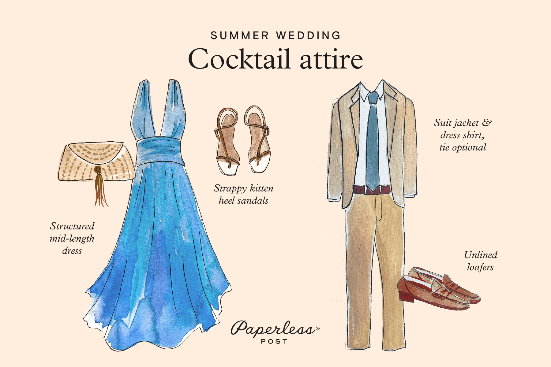 A Paperless Post-branded illustration of his and hers summer wedding cocktail attire against a cream backdrop: For her, a blue halter-top mid-length dress paired with a champagne-colored clutch and strappy kitten heel sandals, and for him, a tan suit with a blue tie and brown unlined loafers.