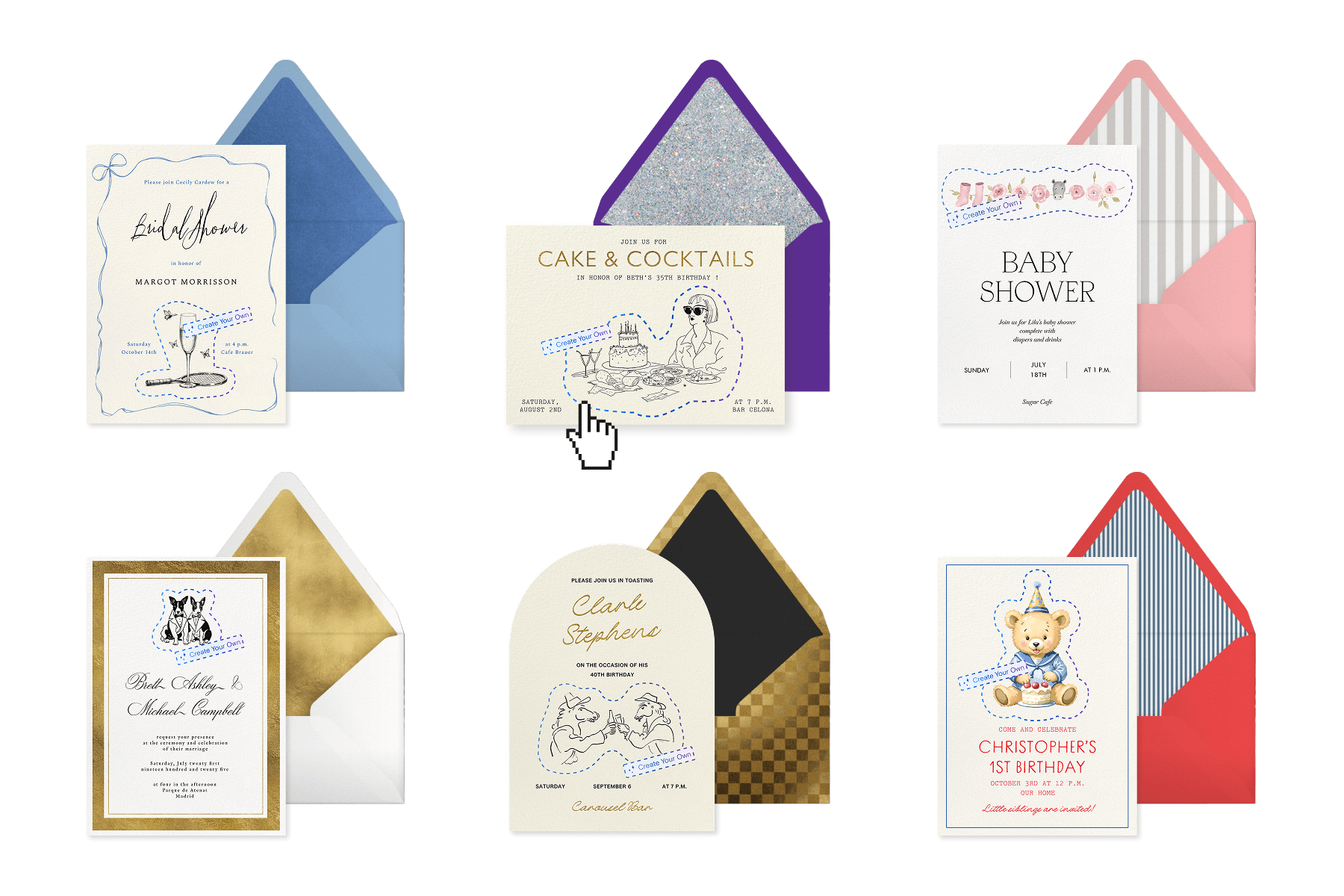 Two rows of three invitations each featuring Magic Art stickers; The top row featuring a bridal shower invitation with a light blue envelope and envelope liner, a cocktail party invitation with a purple envelope and silver glitter envelope liner, a baby shower invitation with a pink envelope and gray and white striped envelope liner; The bottom row featuring a wedding invitation with a white envelope and gold envelope liner, a birthday invitation with a gold checkerboard envelope and black envelope liner, and a first birthday invitation with a red envelope and blue and white striped envelope liner.