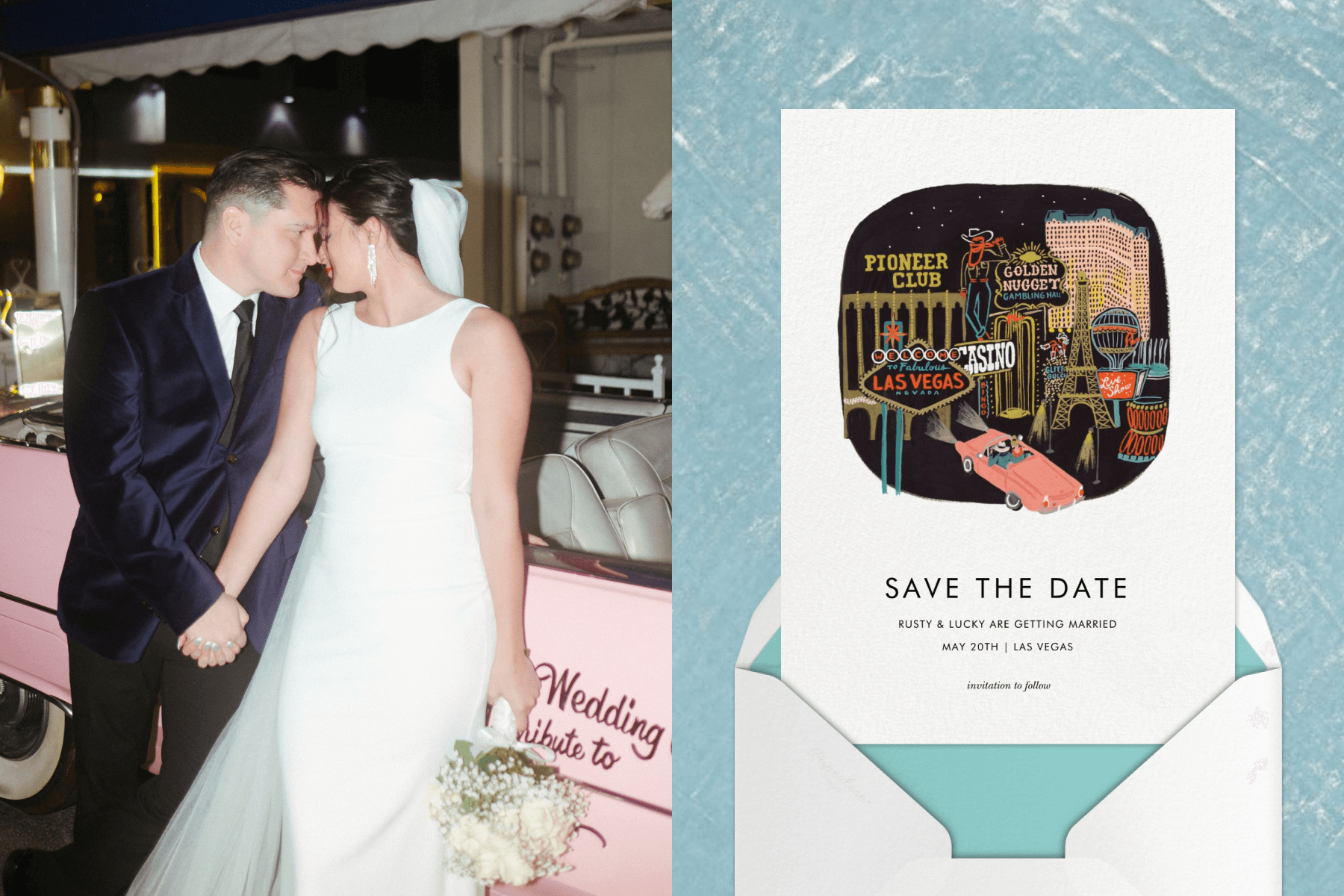 A bride and groom holding hands in front of a pink convertible; A save the date wedding invitation featuring an illustration of Las Vegas paired with a white envelope and blue envelope liner.